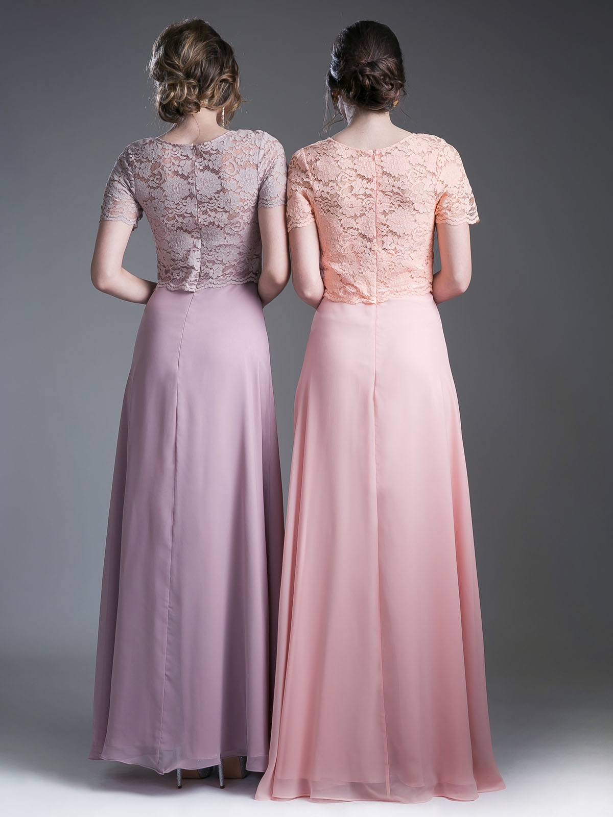 Cinderella Divine CF160 Lace Bodice Short Sleeves A-line Long Dress by DiscountDressShop