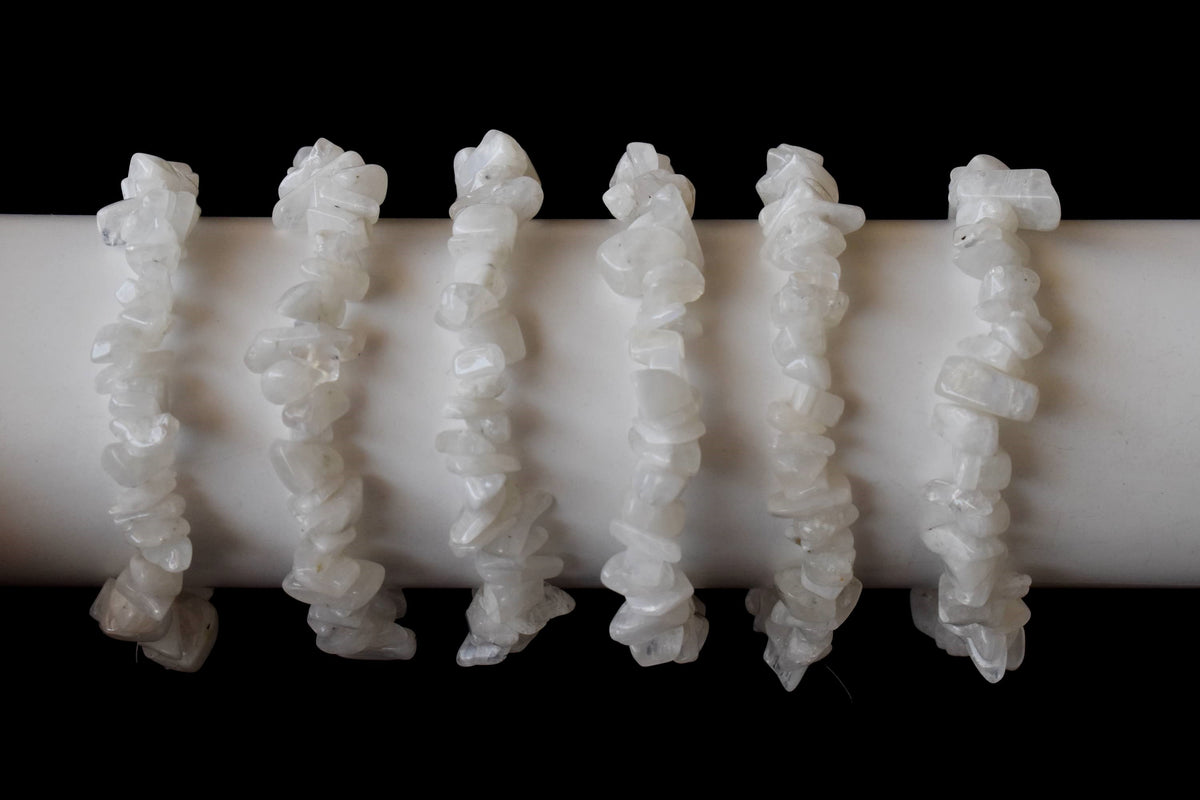 White Rainbow Moonstone Chip Bracelet (Growth and Compassion) DestGlow