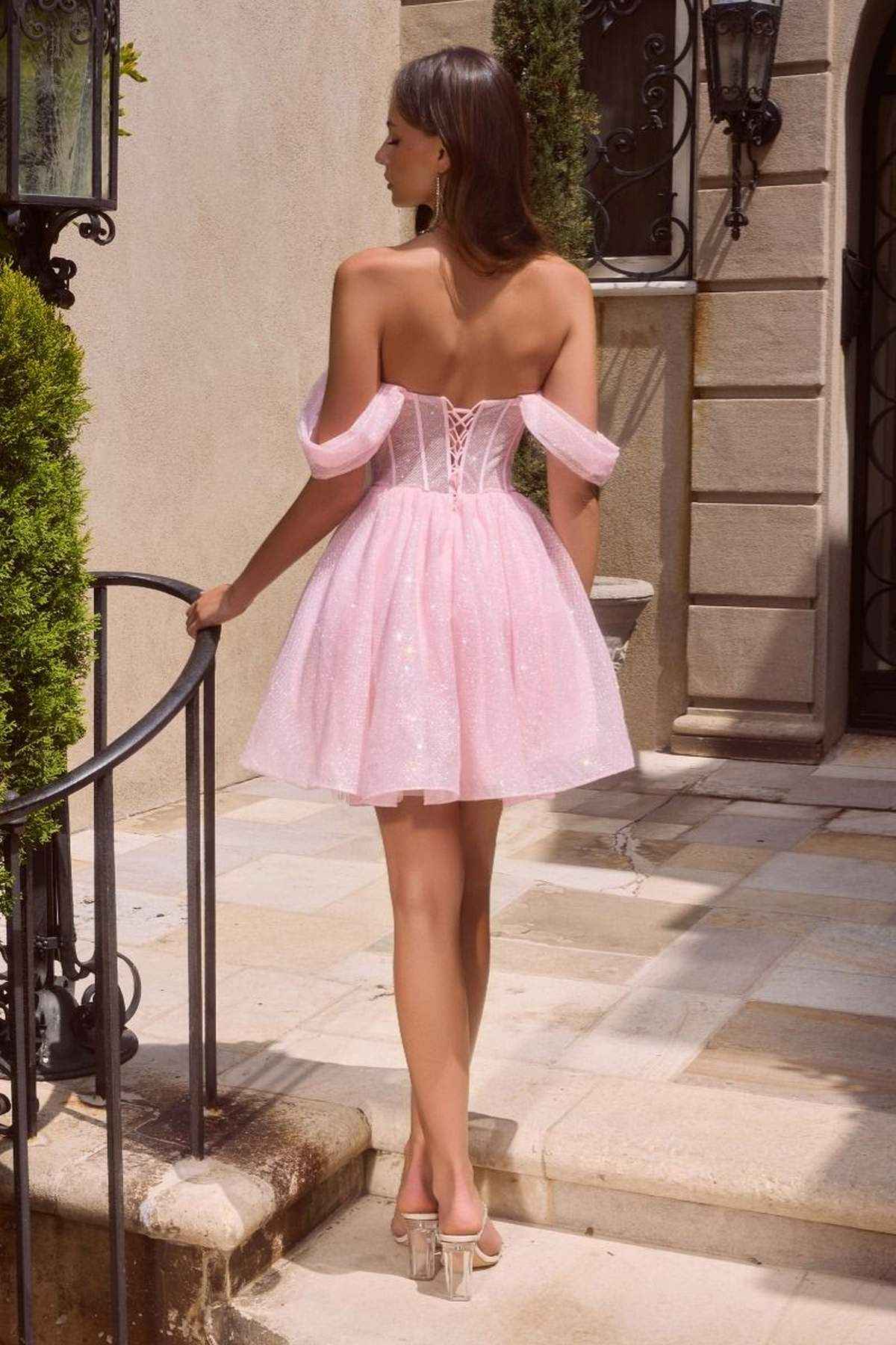Ladivine CJ420 Off-Shoulder Glitter Tulle Short Dress with Corset Back DestGlow