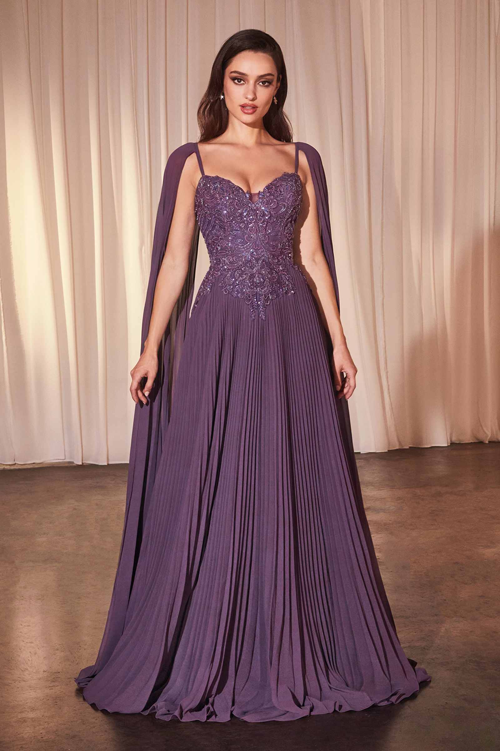 Ladivine CJ937 Pleated A-Line Gown With Cape Sleeves by DiscountDressShop
