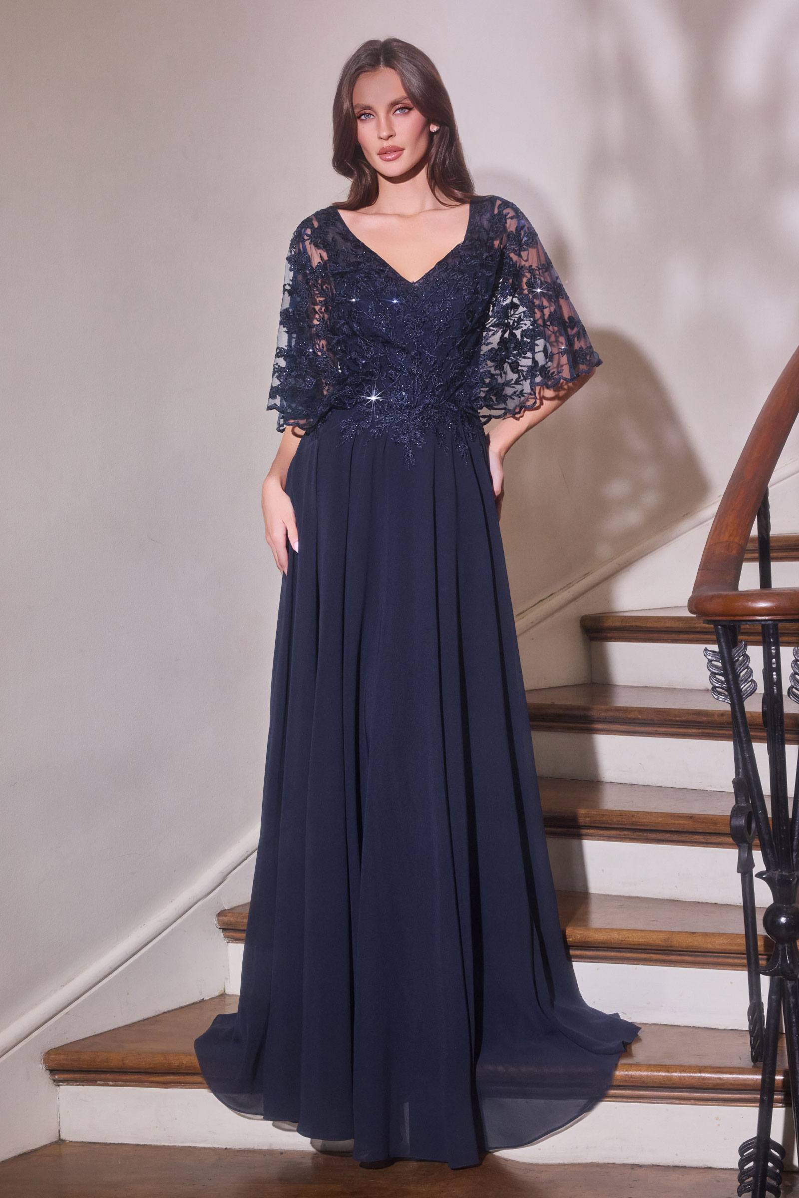 Ladivine CL10 Mother of the Bride V-Neckline Lace Bodice A-Line Gown by DiscountDressShop