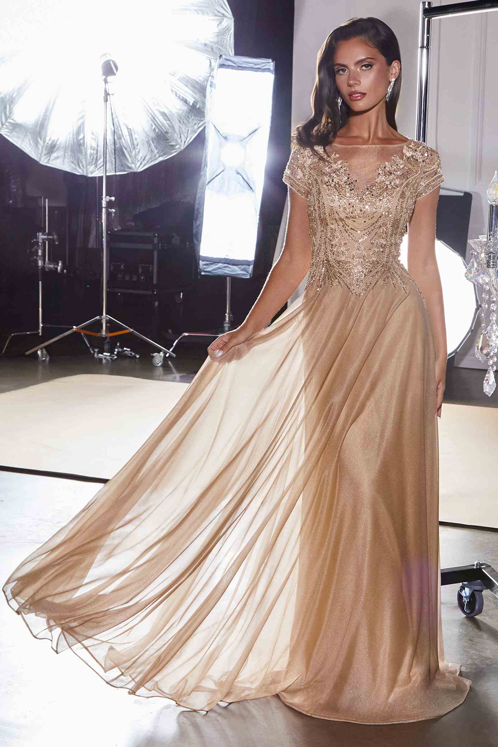 Ladivine CL11 Gold Beaded Cap Sleeve A-Line Formal Dress DestGlow