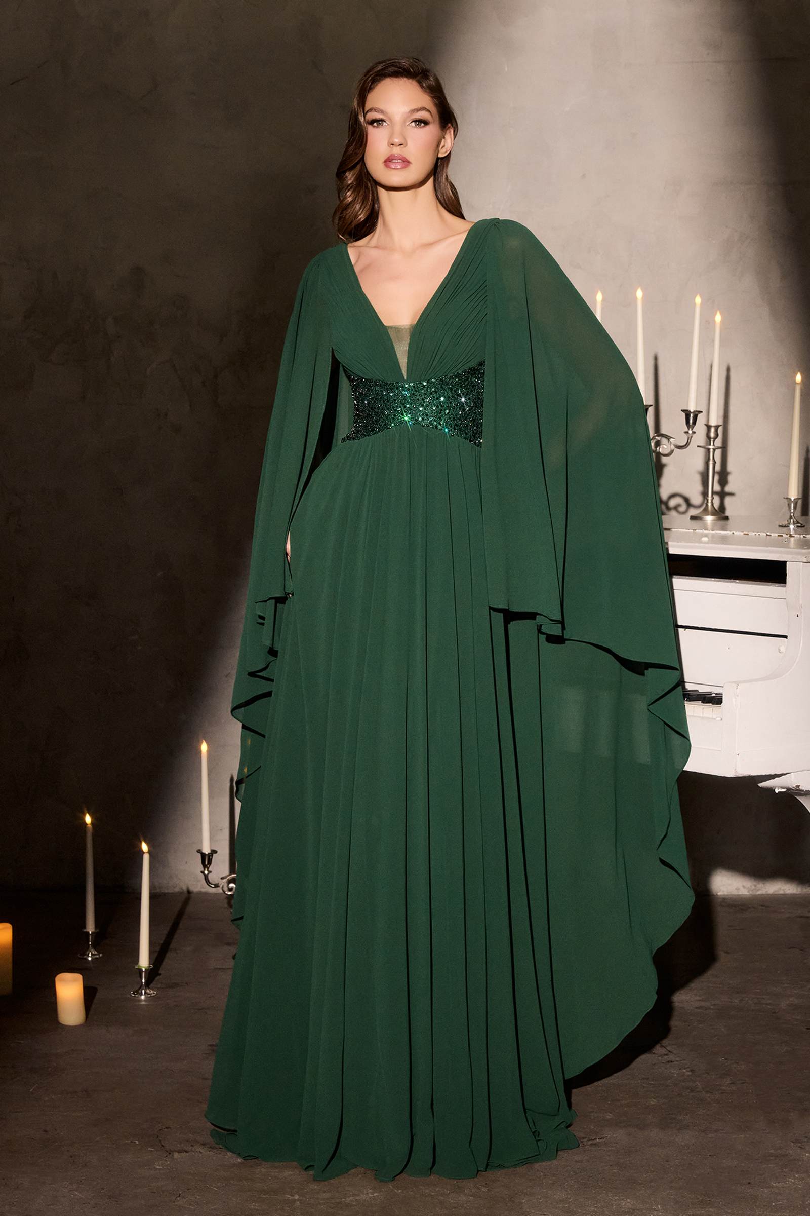 Ladivine CM8244 V-Neckline Cape Sleeves Flowing Chiffon Gown by DiscountDressShop