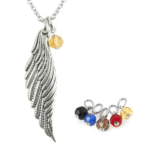 Light Angel Wing Necklace with 5 Interchangeable Glass Charms - Stainless Steel
