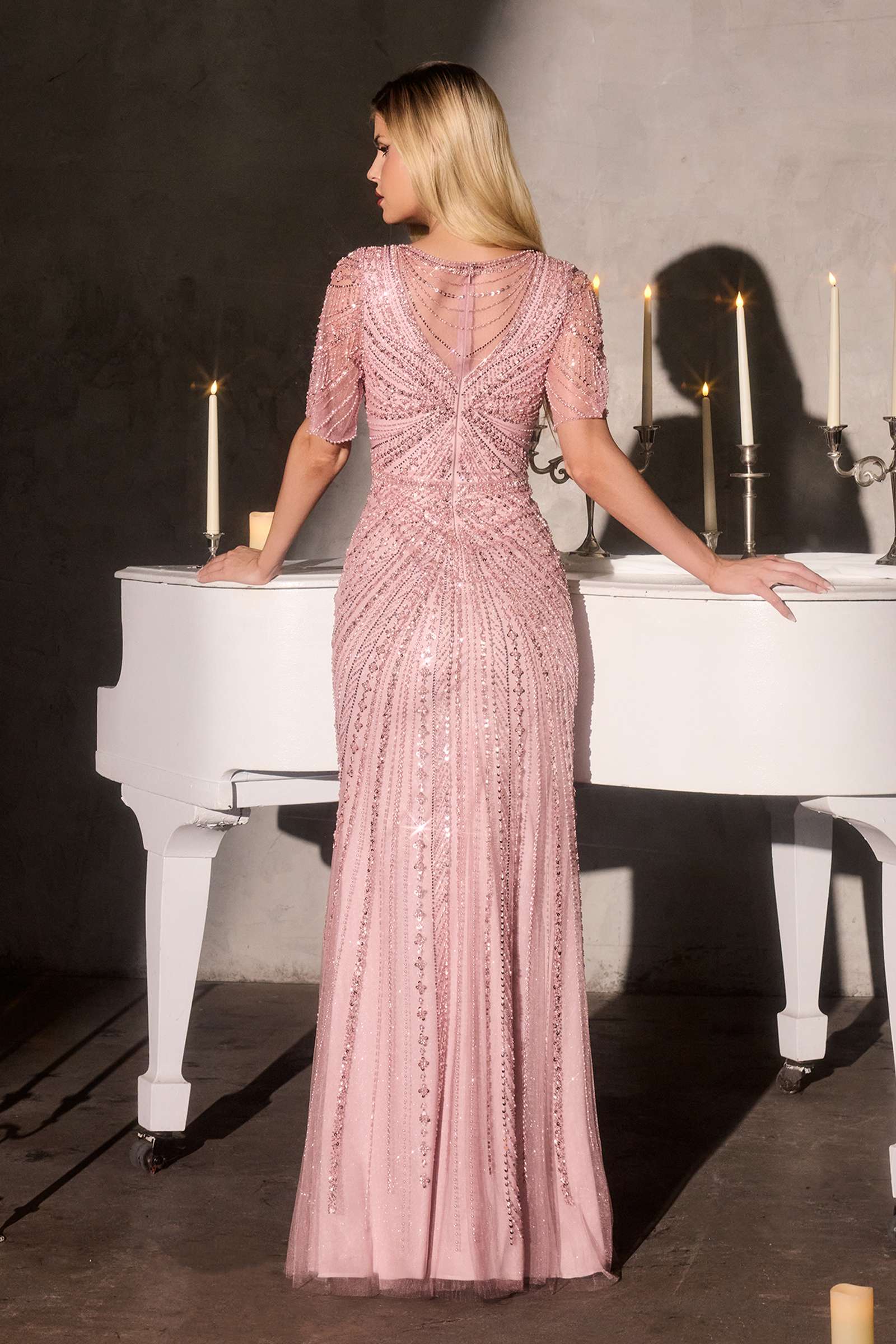 Ladivine CR887 Scoop Neck Flutter Sleeve Beaded Tulle Overlay Formal Gown by DiscountDressShop