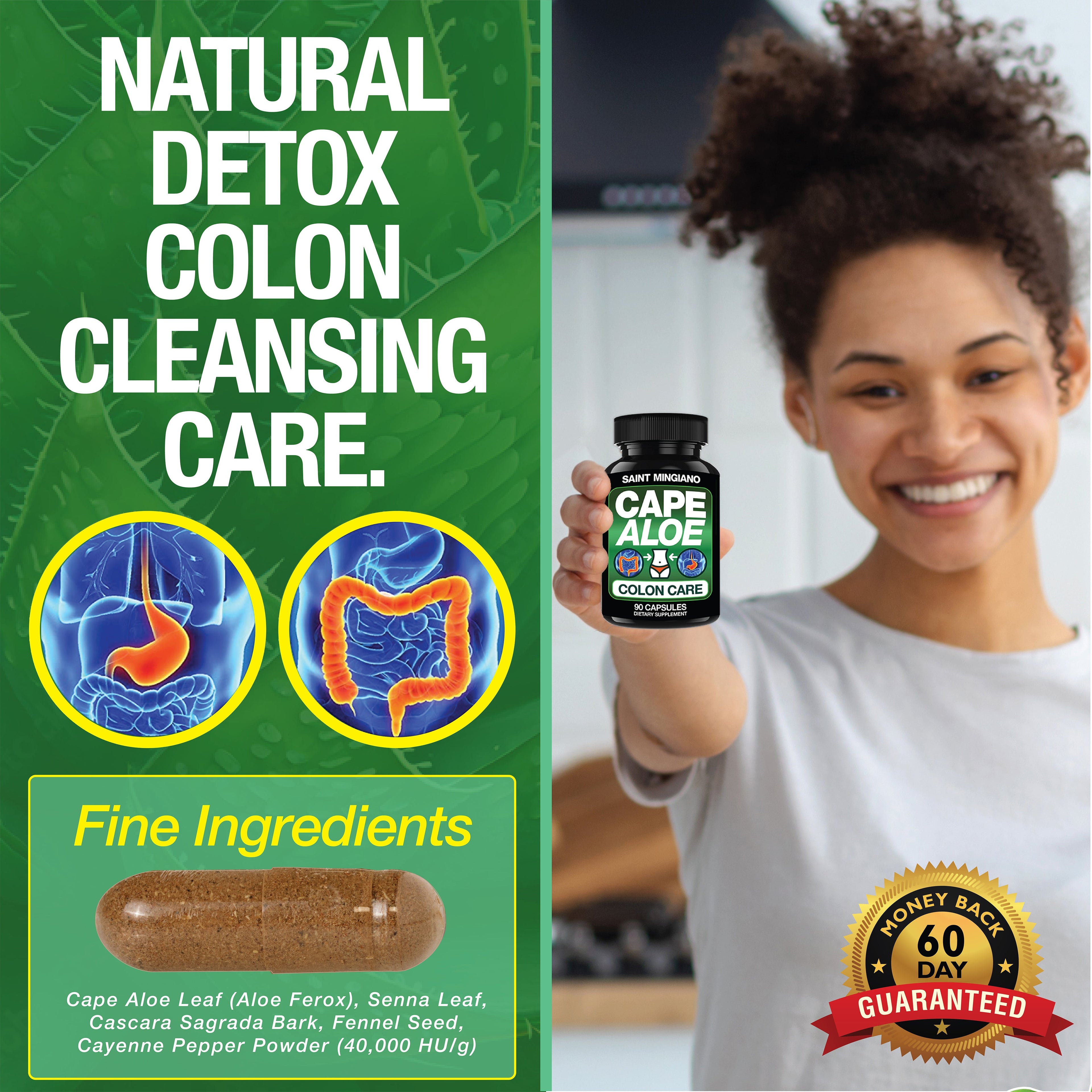 Cape Aloe Colon Cleanse, Detox & Flush - 90 Capsules. Gentle Constipation Relief by Saint Mingiano - Supplements & Wellness Dedicated to Holistic Health
