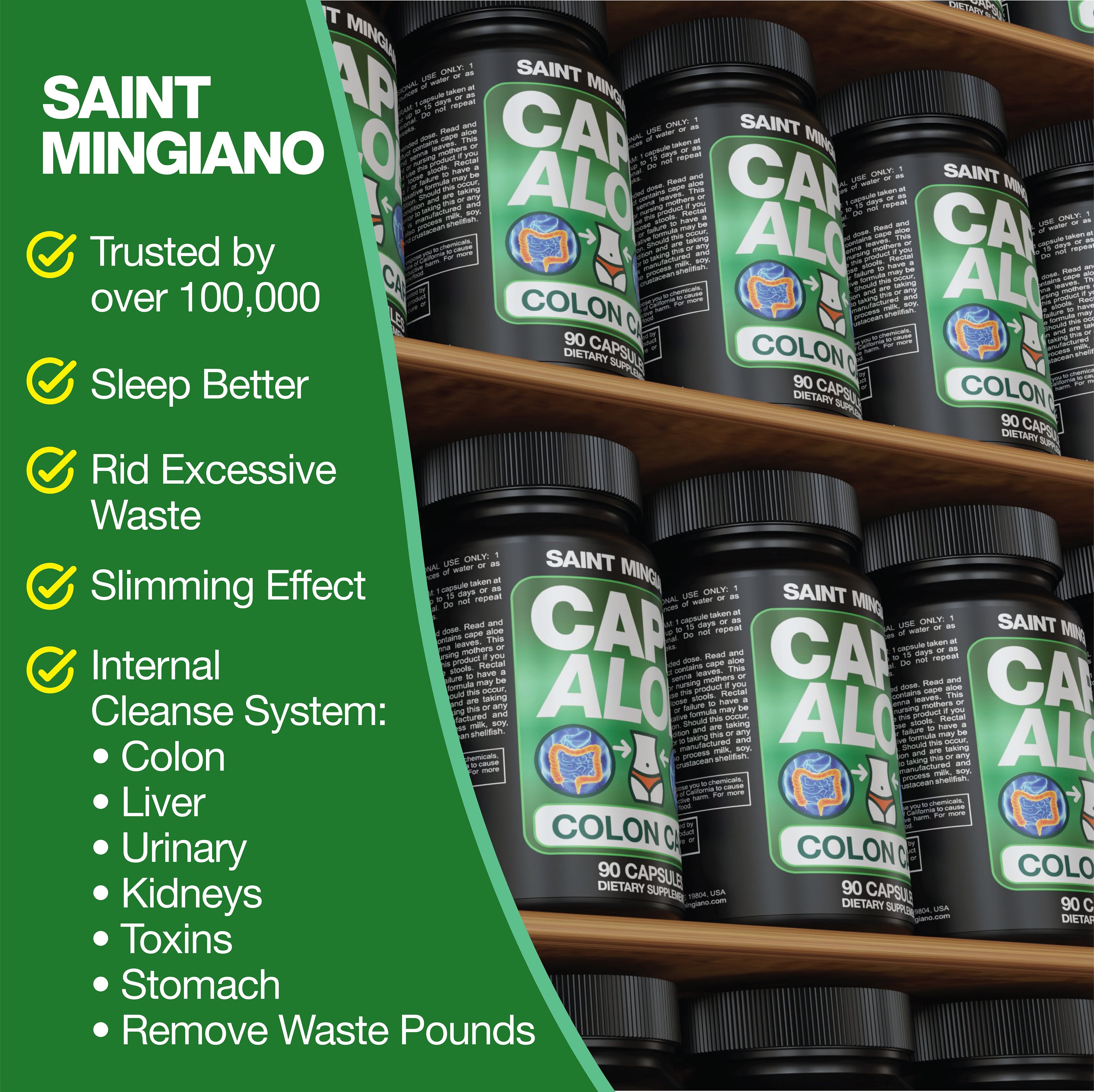 Cape Aloe Colon Cleanse, Detox & Flush - 90 Capsules. Gentle Constipation Relief by Saint Mingiano - Supplements & Wellness Dedicated to Holistic Health