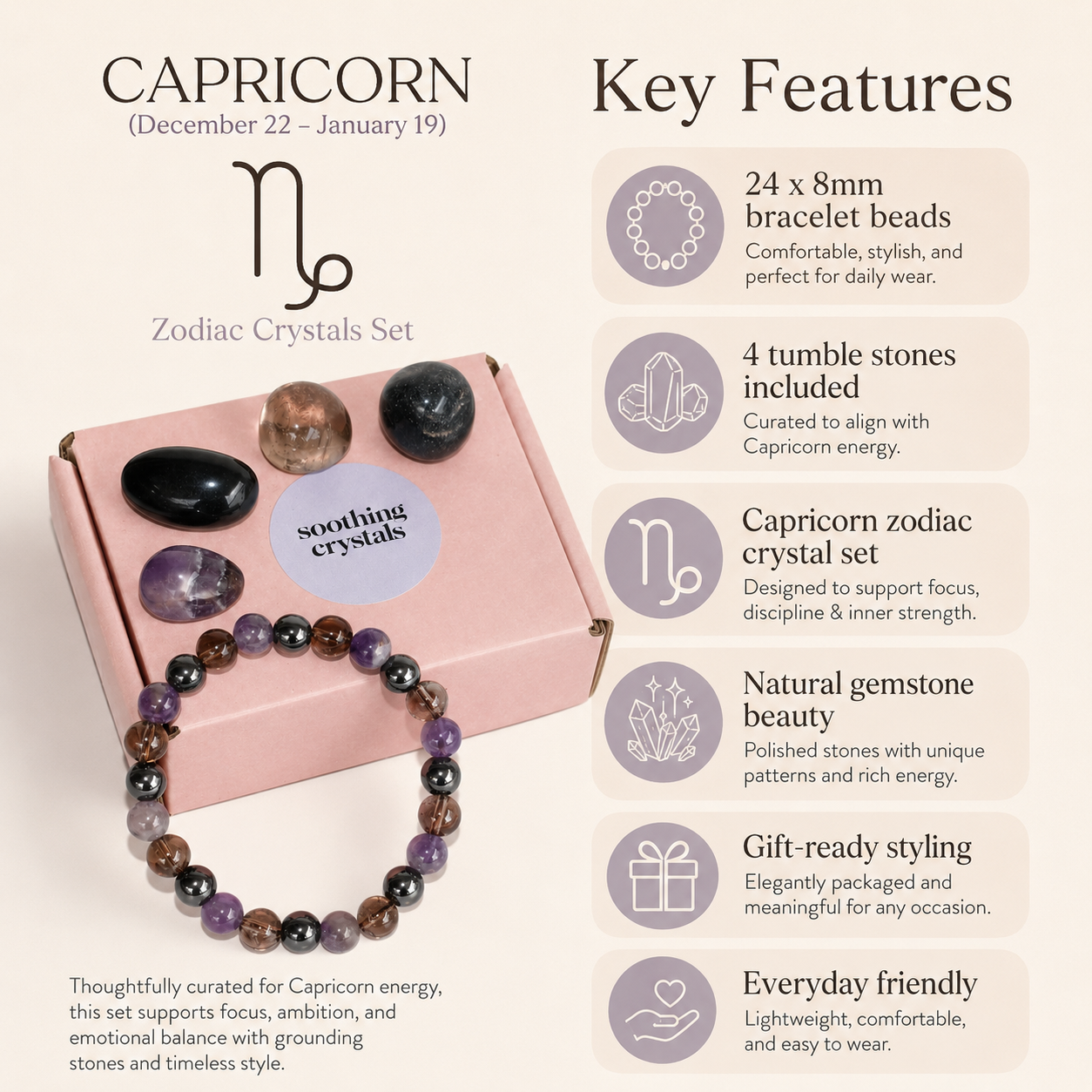 CAPRICORN Zodiac Crystal Kit, Capricorn Birthstones Tumbled Stone Set, Capricorn Gifts DestGlow