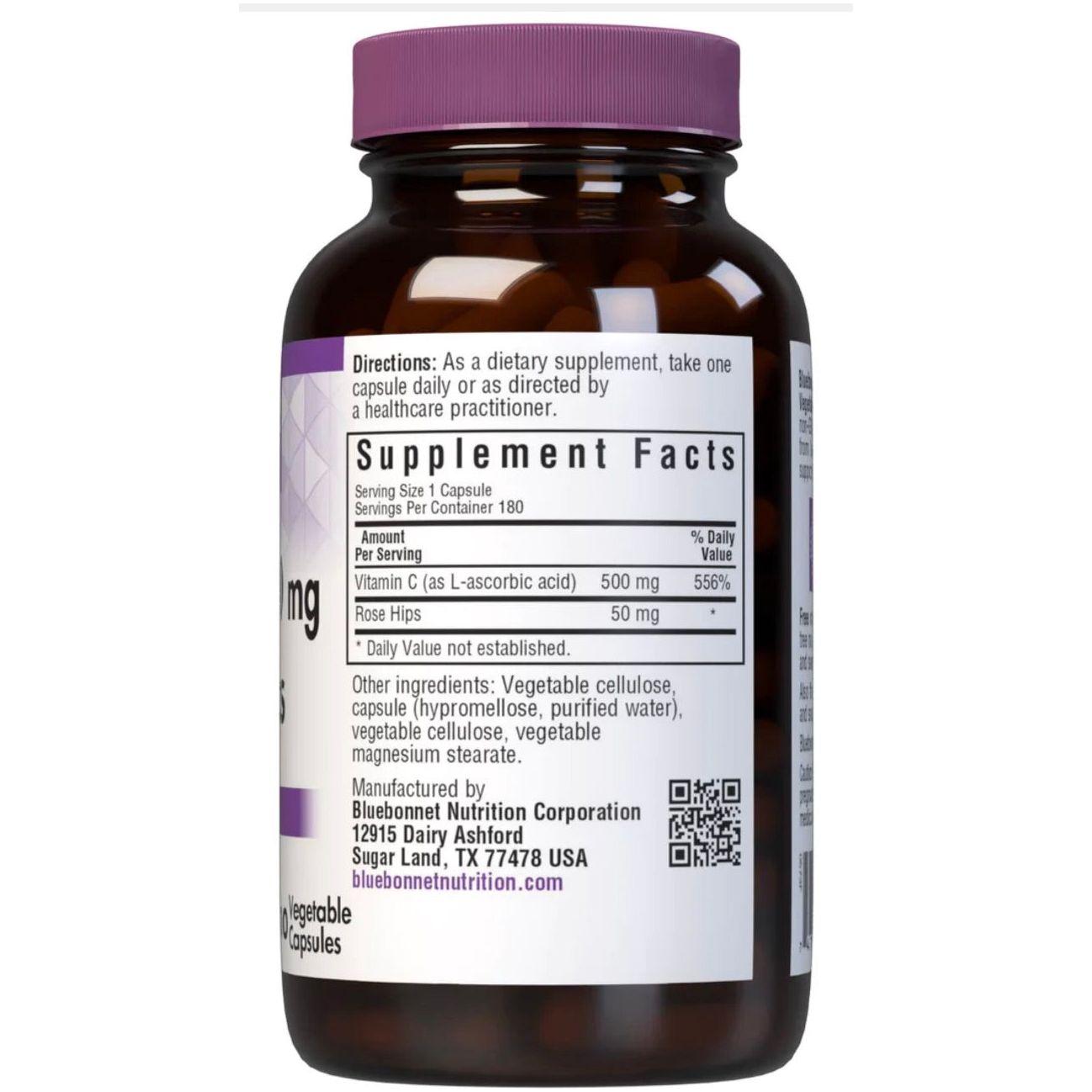 Bluebonnets Vitamin C-500 mg Plus Rose Hips 180 Vegetable Capsules by Pasteur Pharmacy