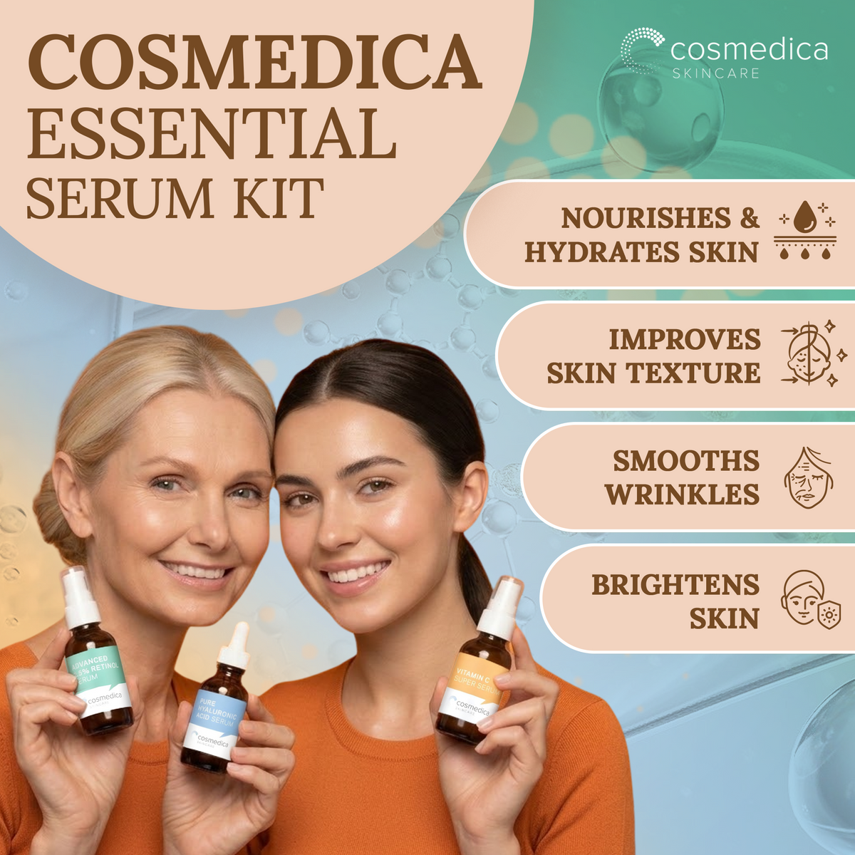 Cosmedica Skincare Facial Serum Trio Set – Vitamin C Serum, 2.5% Retinol Serum & Hyaluronic Acid Serum for Face – Anti Aging, Brightening & Hydrating Skincare – Reduce Wrinkles & Dark Spots – Vegan, Cruelty Free (3 x 1oz) DestGlow