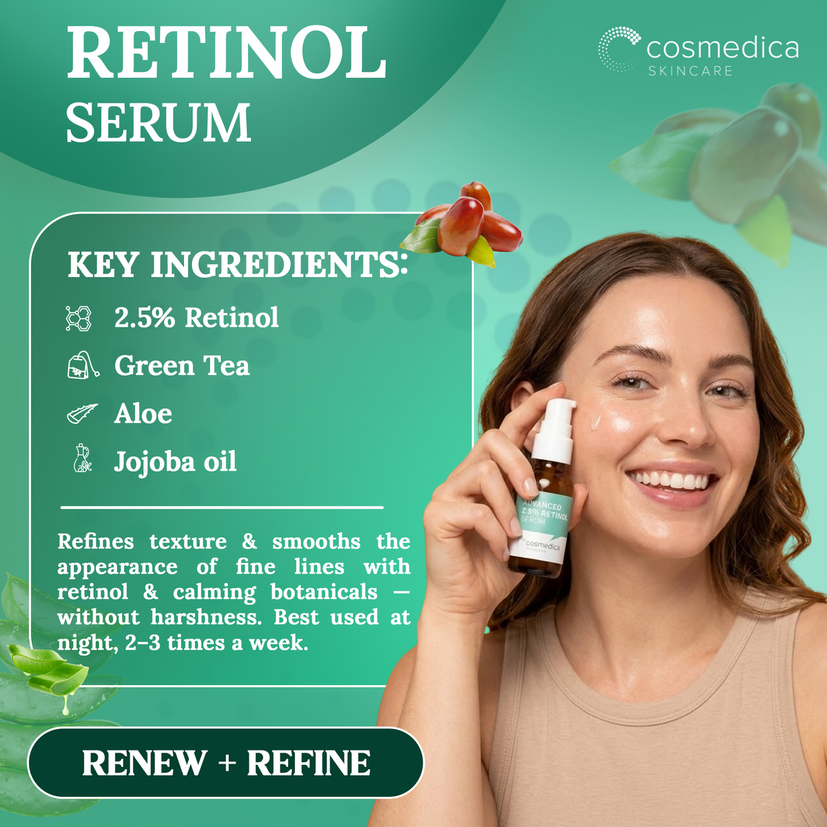 Cosmedica Skincare Facial Serum Trio Set – Vitamin C Serum, 2.5% Retinol Serum & Hyaluronic Acid Serum for Face – Anti Aging, Brightening & Hydrating Skincare – Reduce Wrinkles & Dark Spots – Vegan, Cruelty Free (3 x 1oz) DestGlow