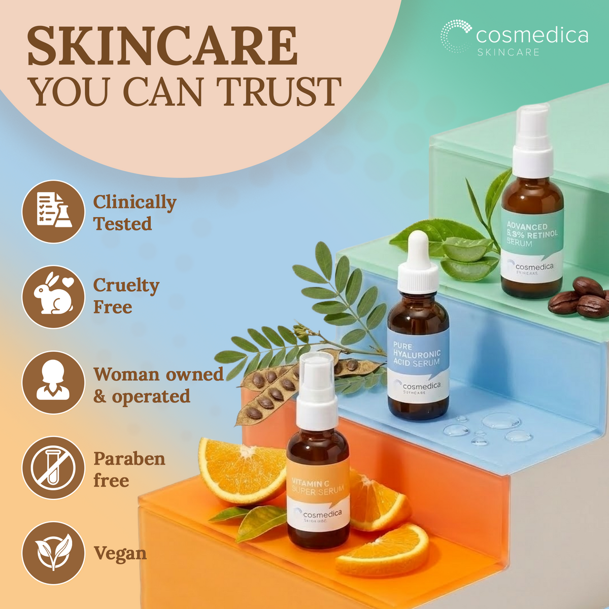 Cosmedica Skincare Facial Serum Trio Set – Vitamin C Serum, 2.5% Retinol Serum & Hyaluronic Acid Serum for Face – Anti Aging, Brightening & Hydrating Skincare – Reduce Wrinkles & Dark Spots – Vegan, Cruelty Free (3 x 1oz) DestGlow