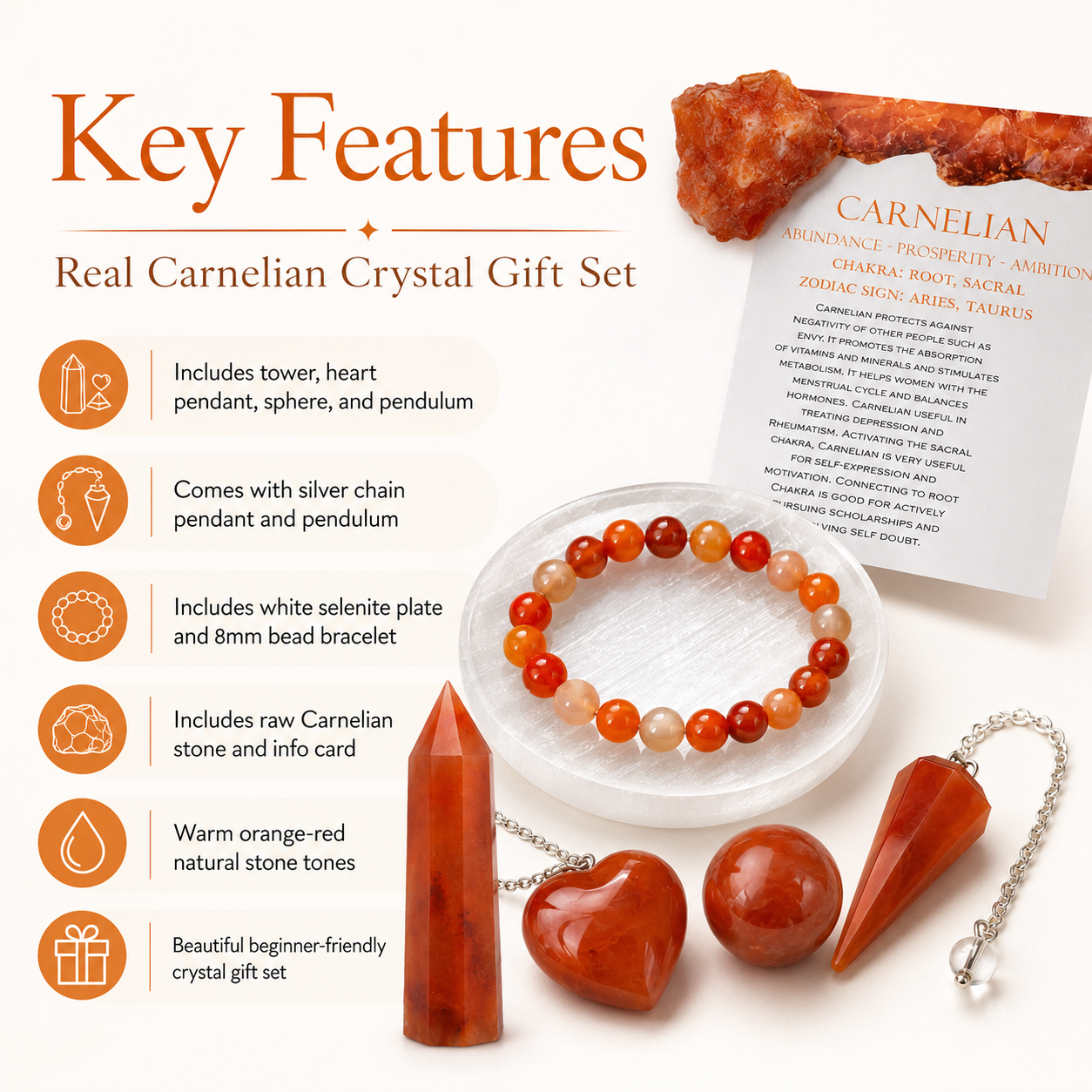 Carnelian Crystal Gift Set For Emotional Support and Protection, Real Polished Gemstones. DestGlow