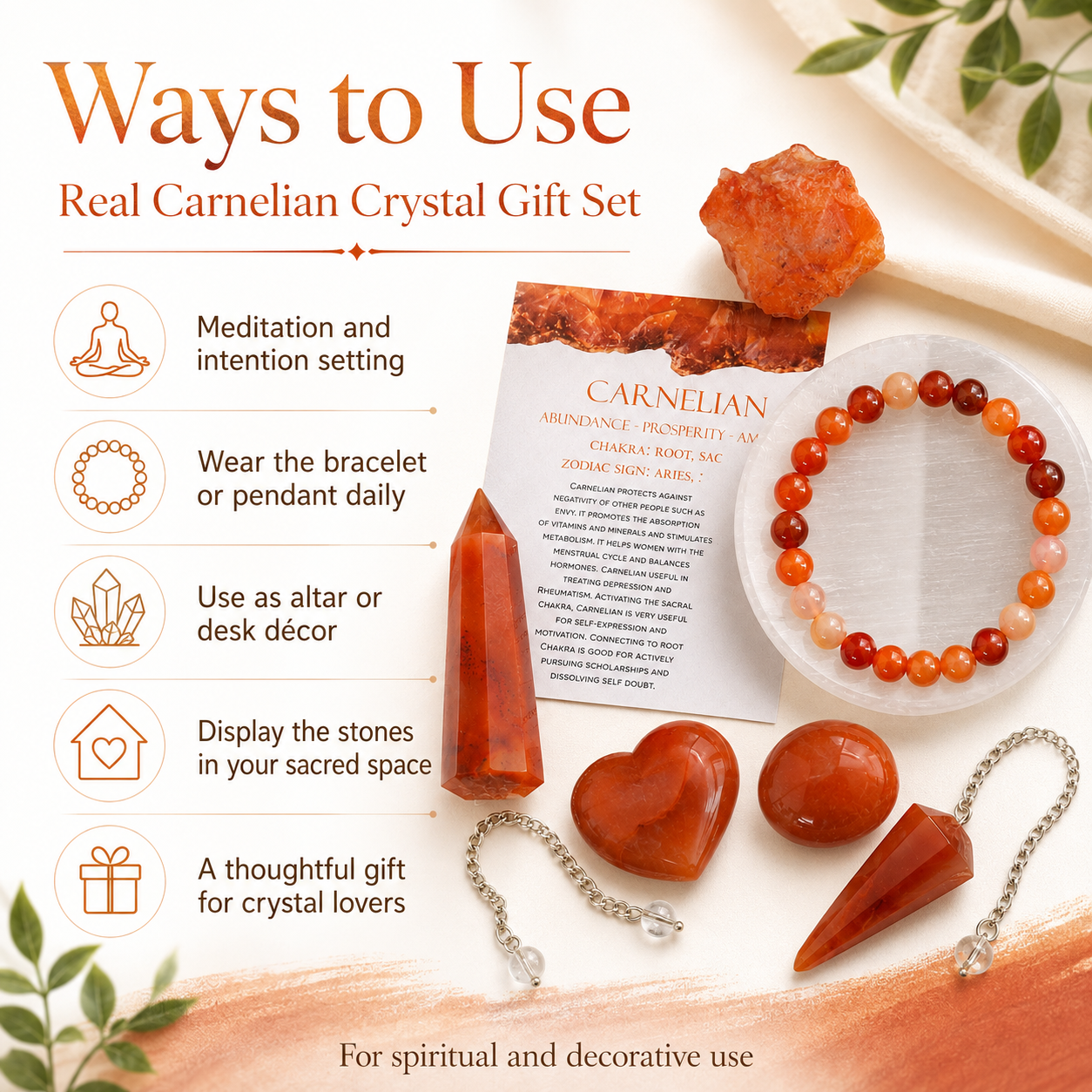 Carnelian Crystal Gift Set For Emotional Support and Protection, Real Polished Gemstones. DestGlow