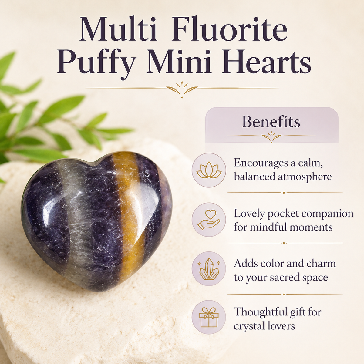 Multi Fluorite Heart Crystal, Puffy Mini 1 Inch Pocket Crystal Heart