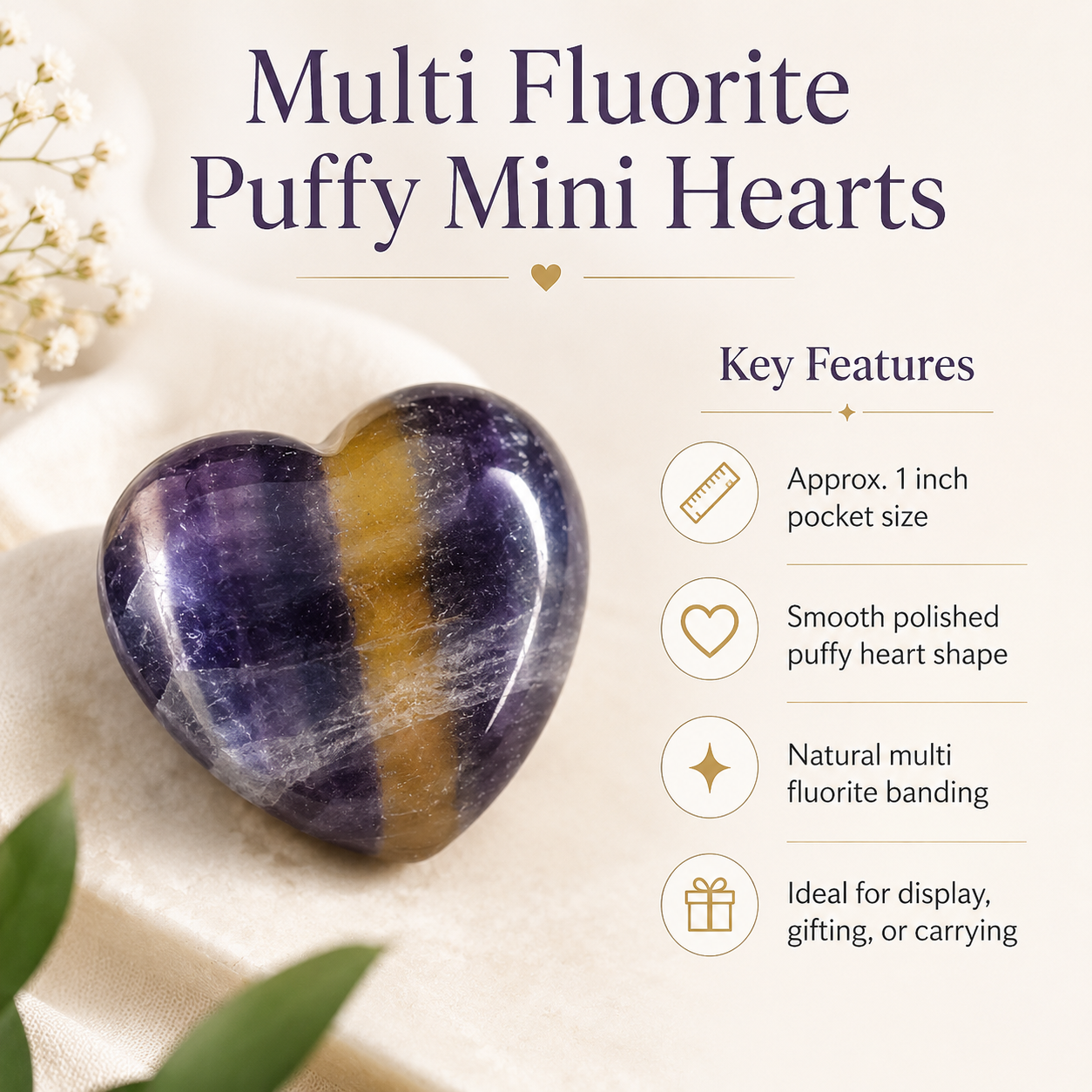 Multi Fluorite Heart Crystal, Puffy Mini 1 Inch Pocket Crystal Heart