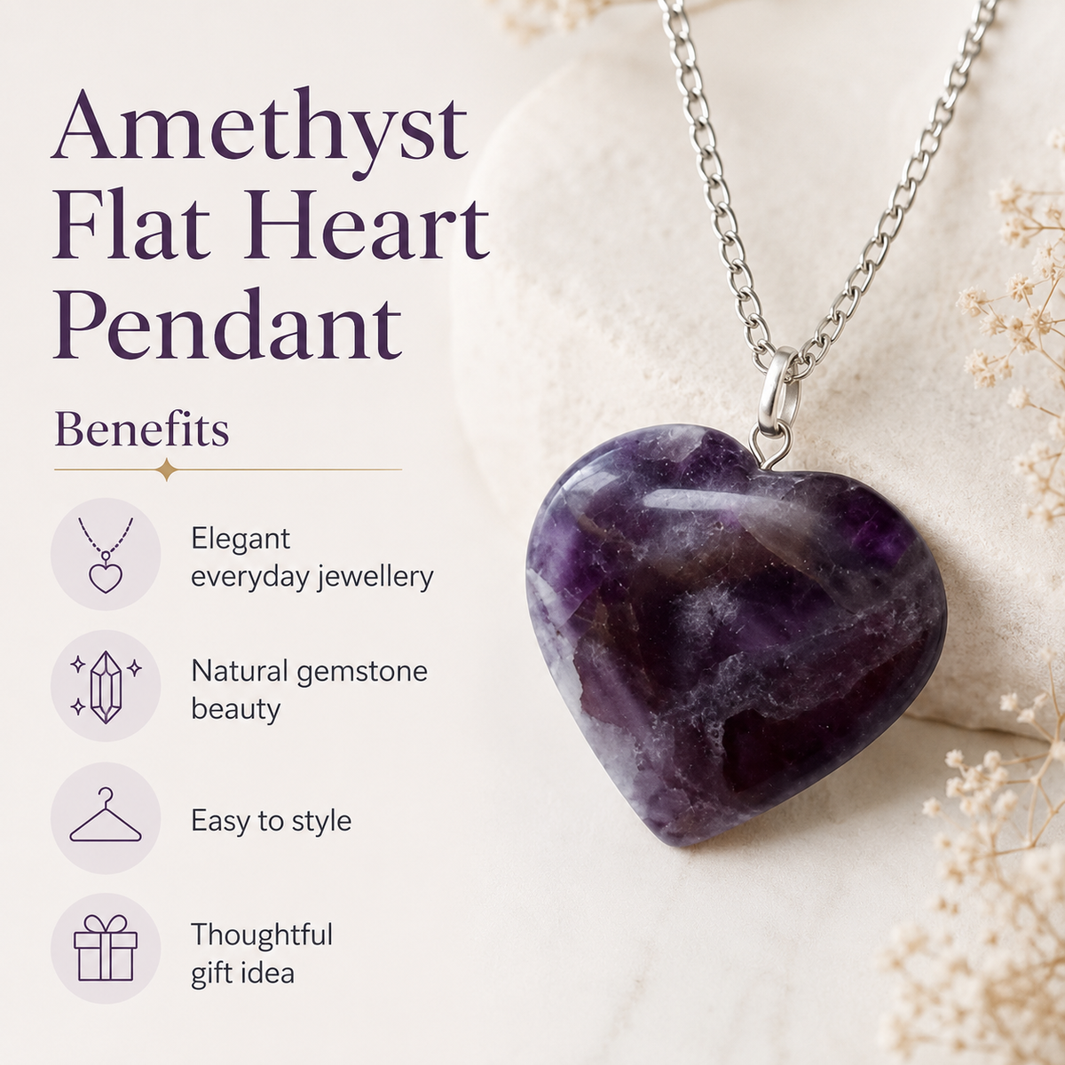 Amethyst Crystal Heart Pendant, Genuine Heart Shaped Necklaces