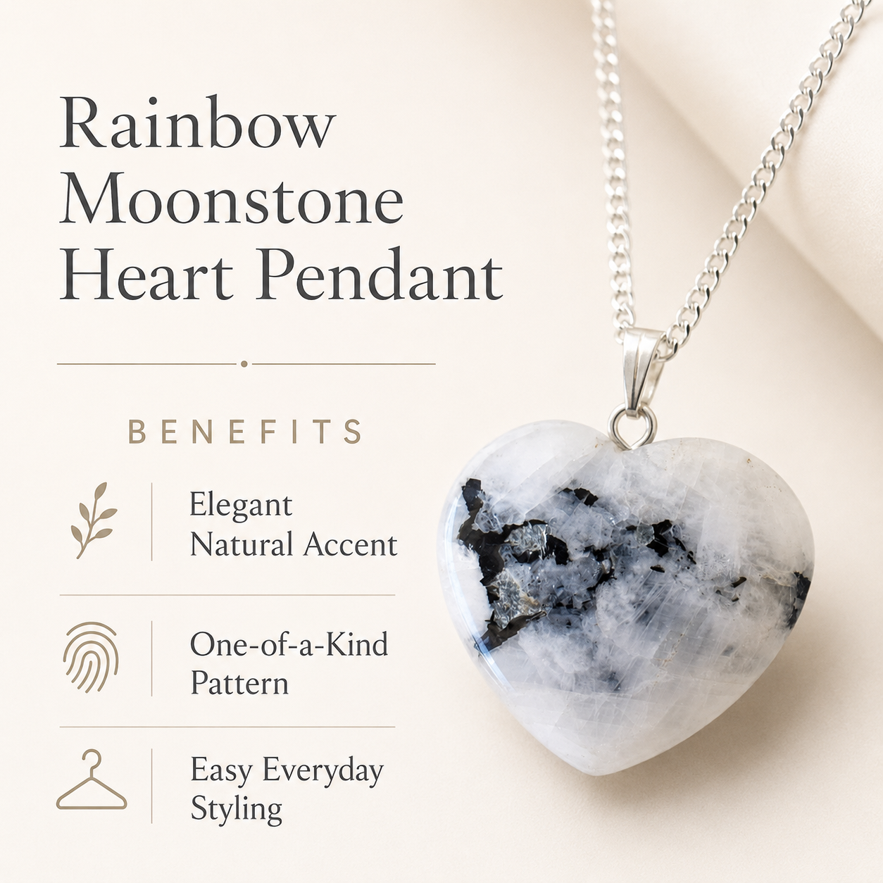 Natural Rainbow Moonstone Crystal Heart Pendant, Genuine Heart Shaped Necklaces DestGlow