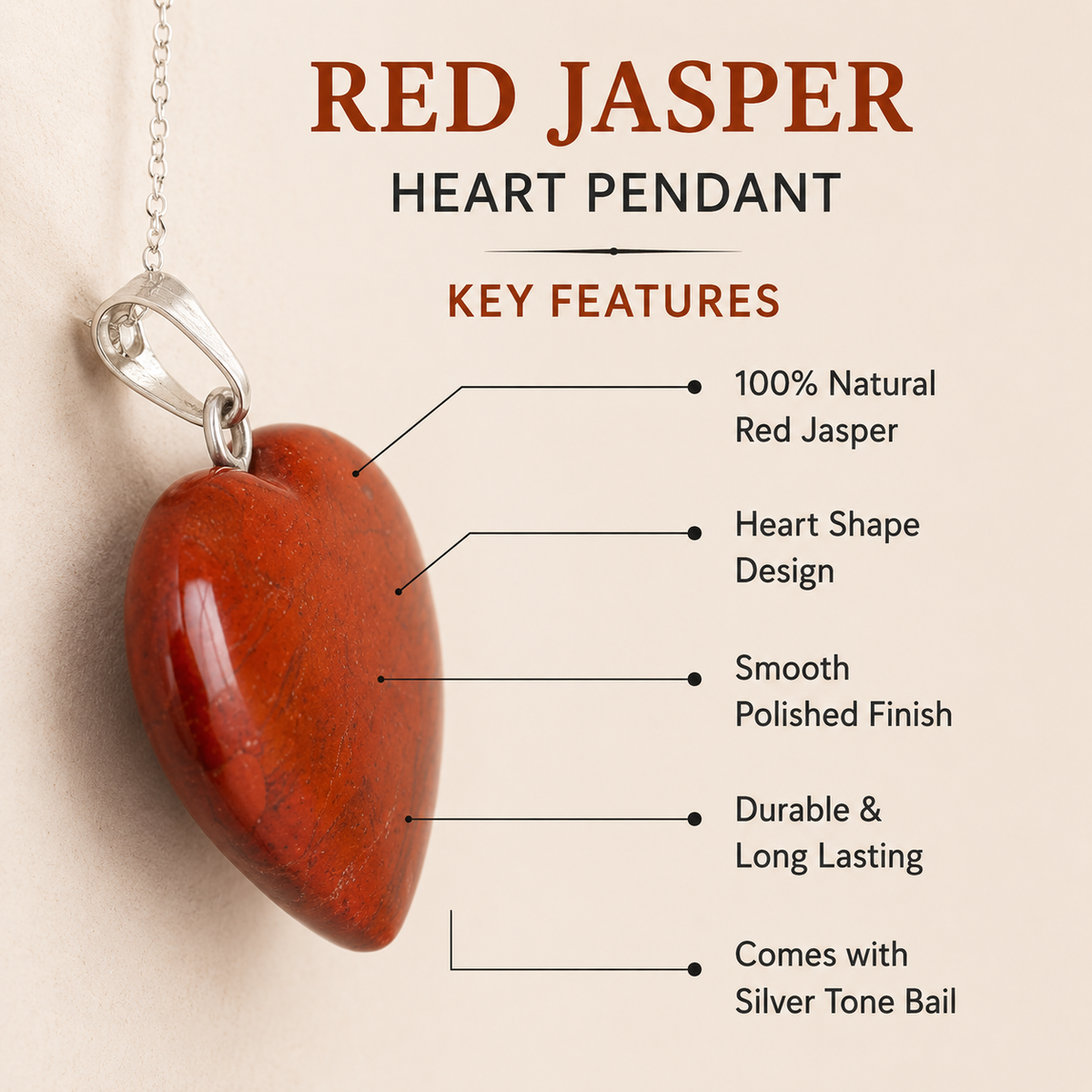 Real Red Jasper Crystal Heart Pendant, Genuine Heart Shaped DestGlow