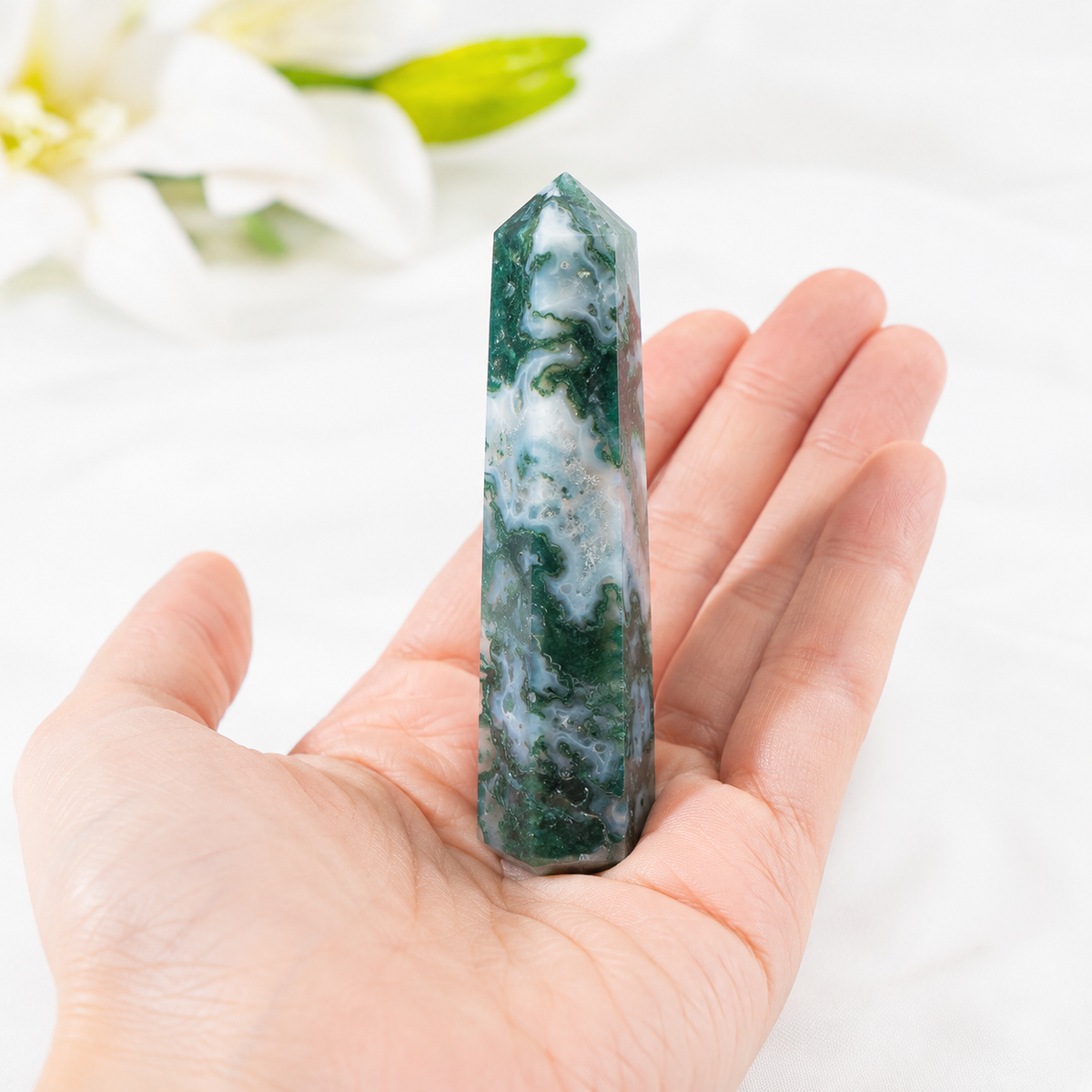 Moss Agate Tower Point (Tranquility and Emotional Balance) DestGlow