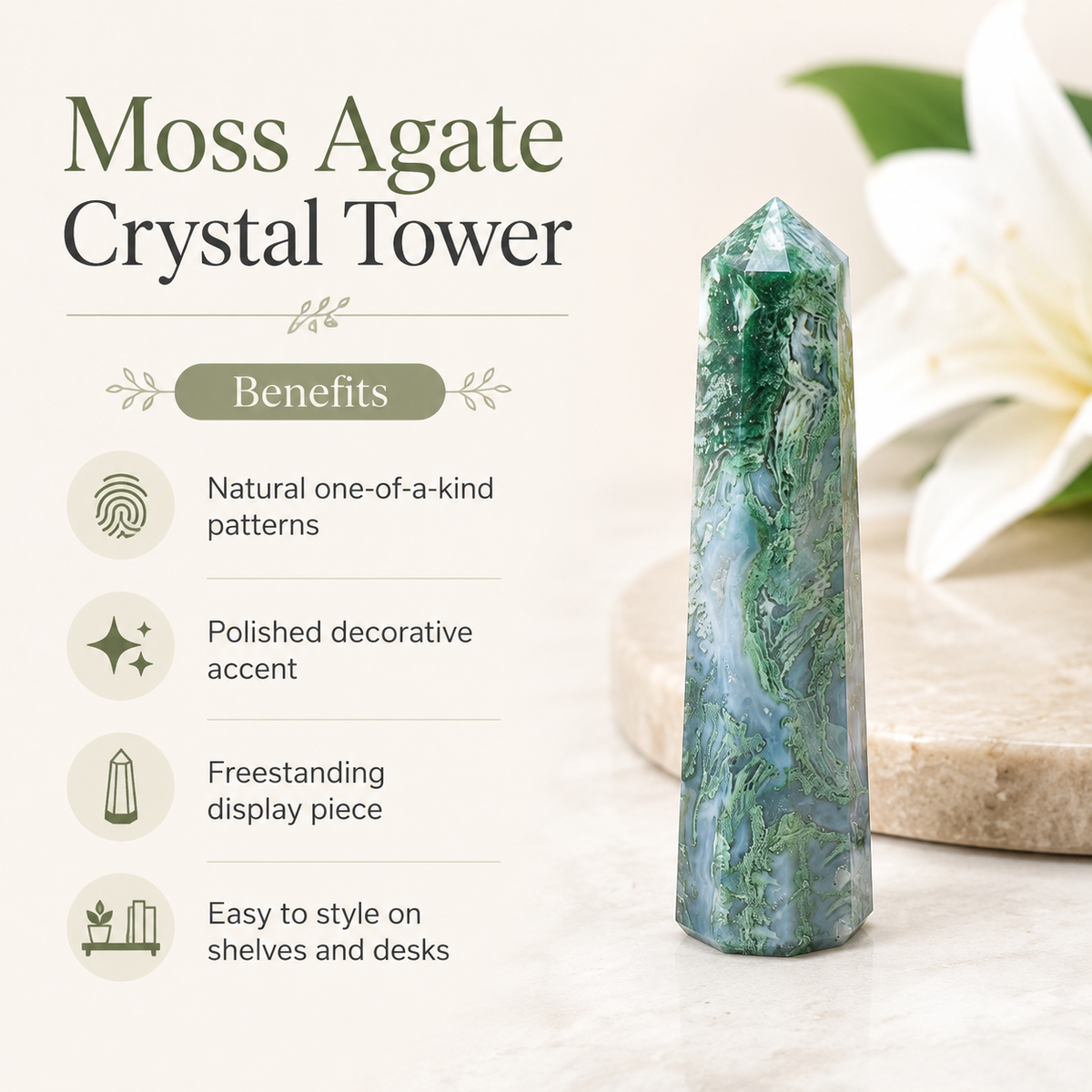 Moss Agate Tower Point (Tranquility and Emotional Balance)
