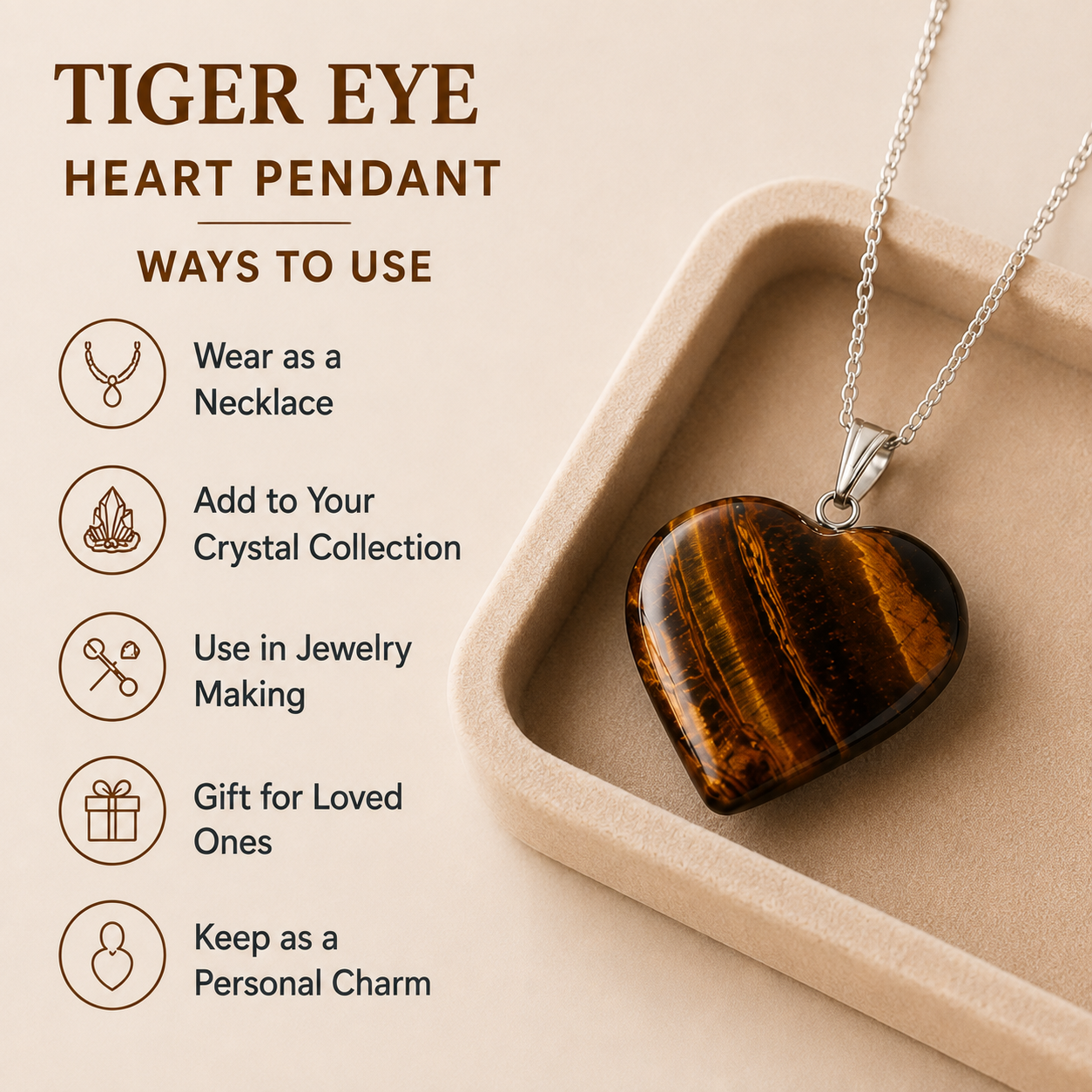 Real Tiger Eye Crystal Heart Pendant, Genuine Heart Shaped Necklaces DestGlow