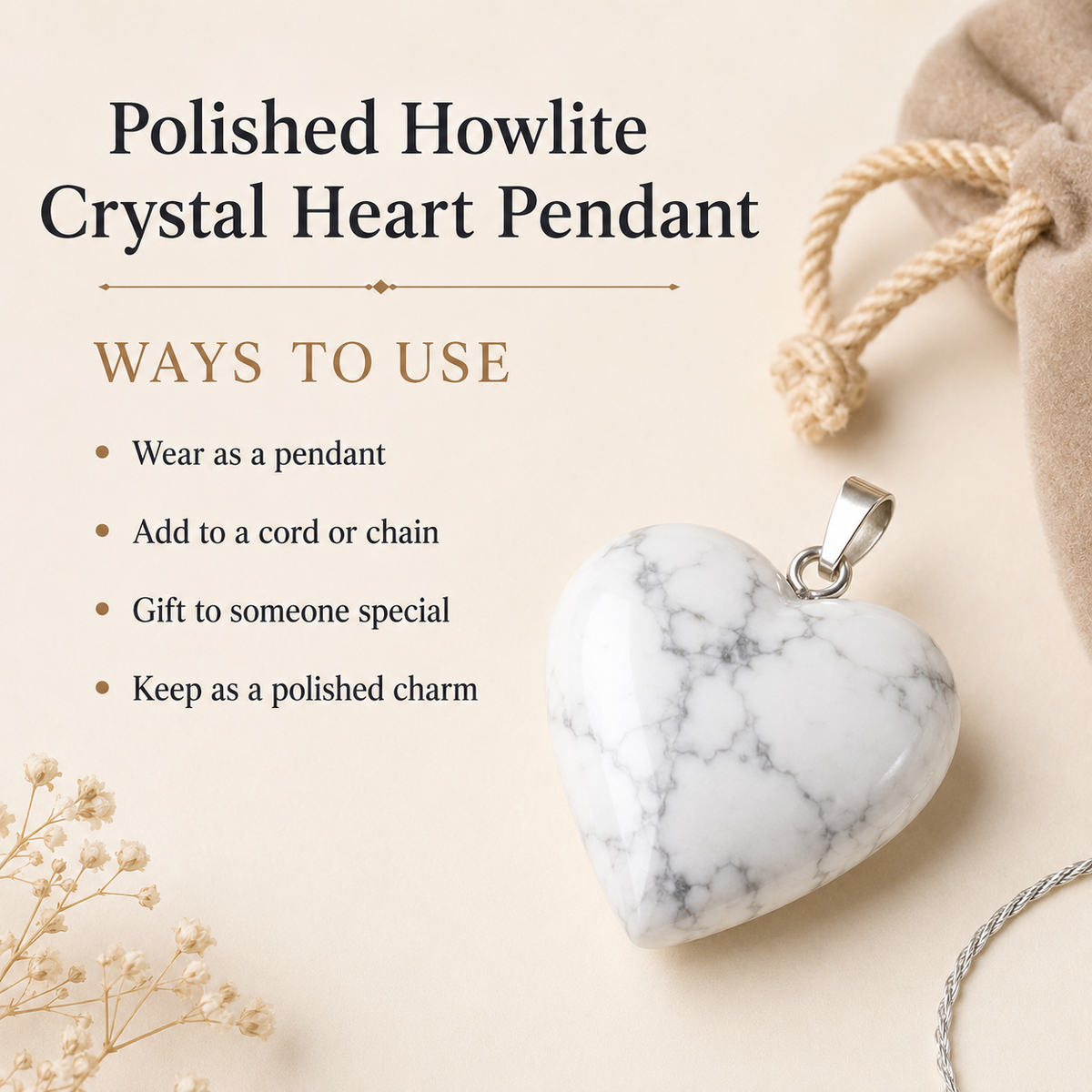 Polished Howlite Crystal Heart Pendant, Genuine Heart Shaped Necklaces DestGlow