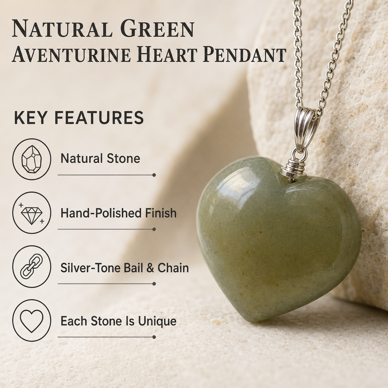 Real Green Aventurine Crystal Heart Pendant, Genuine Heart Shaped Necklaces