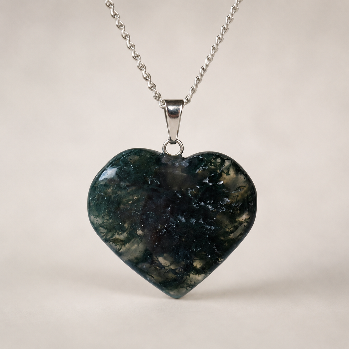 Real Moss Agate Crystal Heart Pendant, Genuine Heart Shaped Necklaces, Polished Gemstone Charm DestGlow