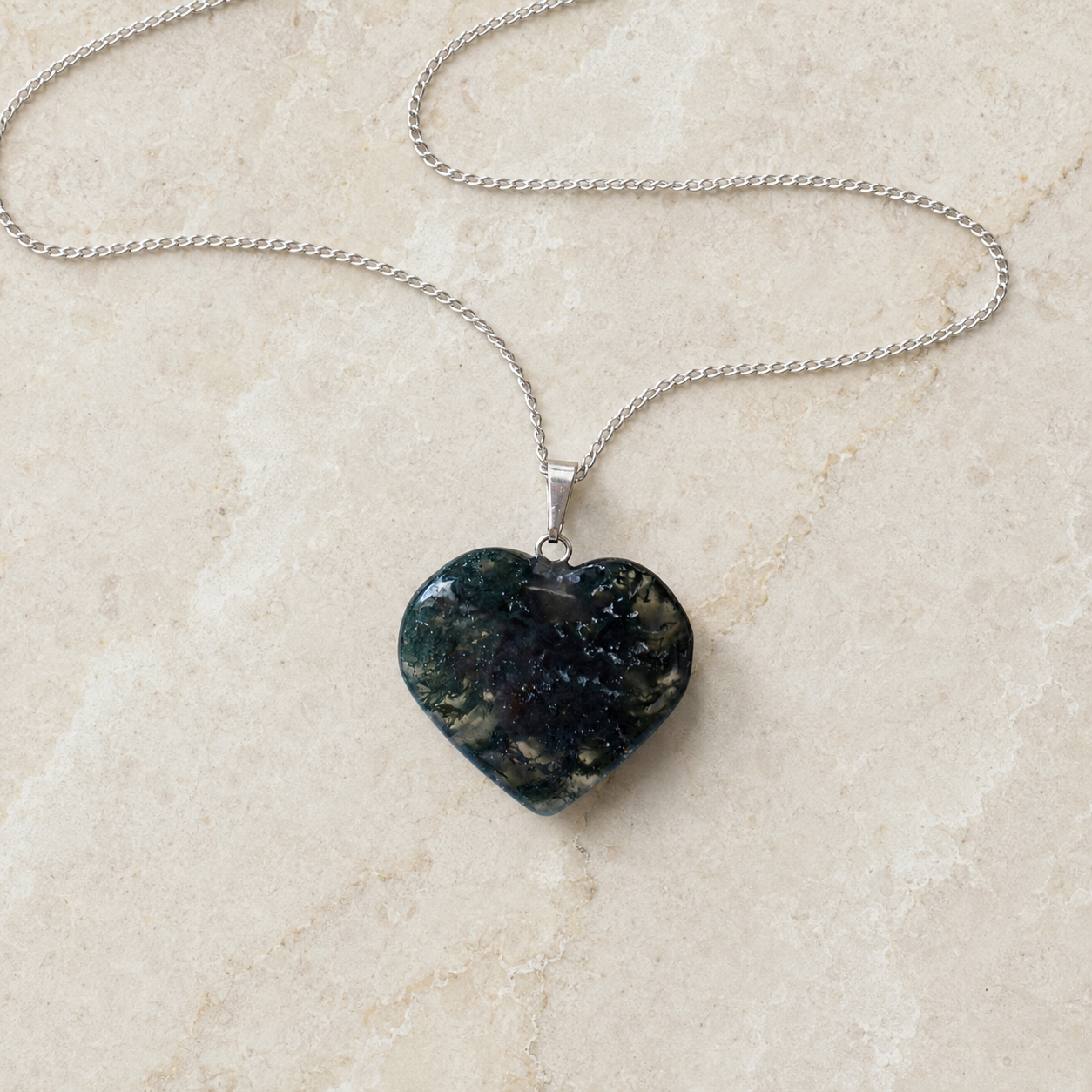 Real Moss Agate Crystal Heart Pendant, Genuine Heart Shaped Necklaces, Polished Gemstone Charm DestGlow