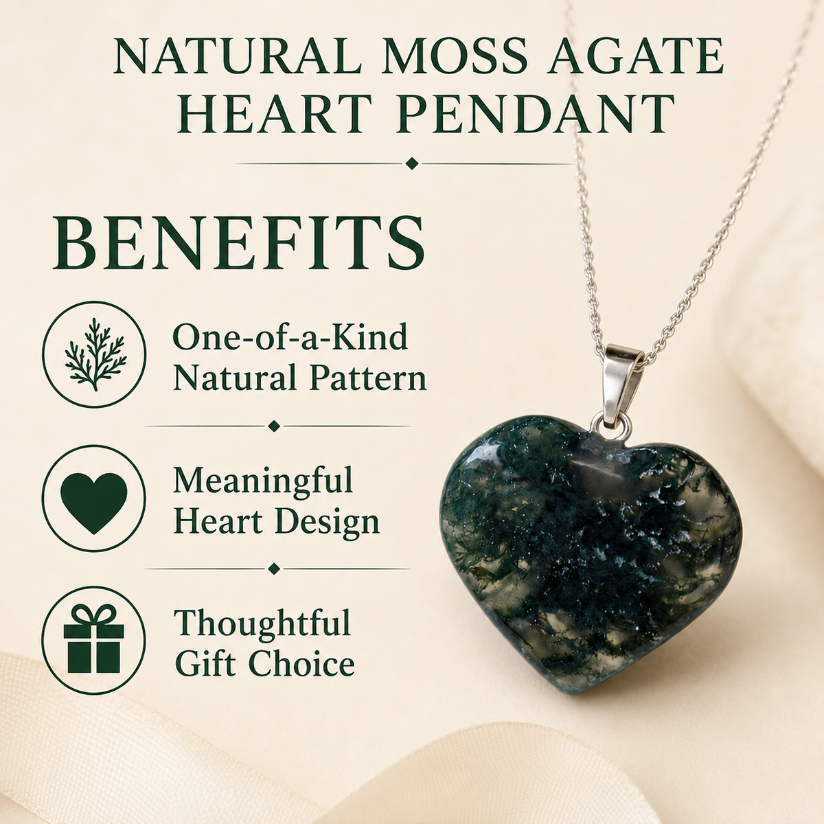Real Moss Agate Crystal Heart Pendant, Genuine Heart Shaped Necklaces, Polished Gemstone Charm DestGlow