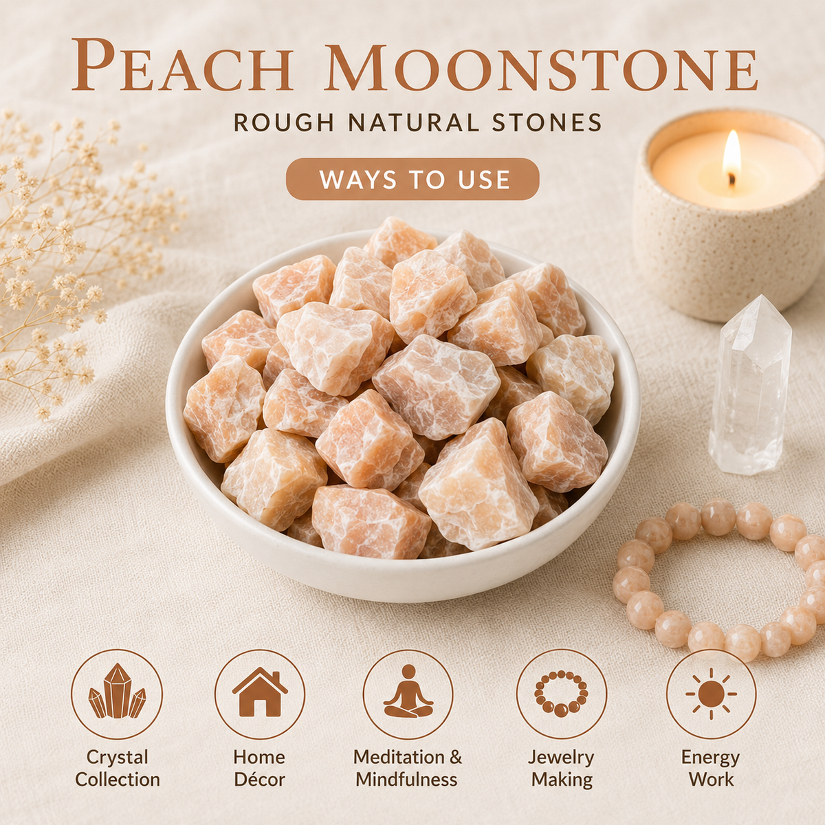 Peach Moonstone Rough Rocks (Confidence and Good Luck) DestGlow