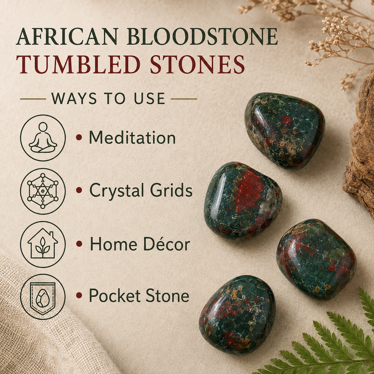 African Bloodstone Tumbled Crystals (Abundance of wealth and Protection) DestGlow