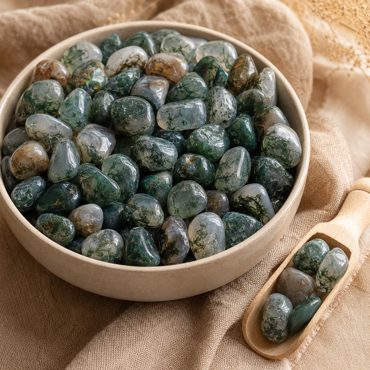 Moss Agate Tumbled Crystals (Generosity and Resolution)
