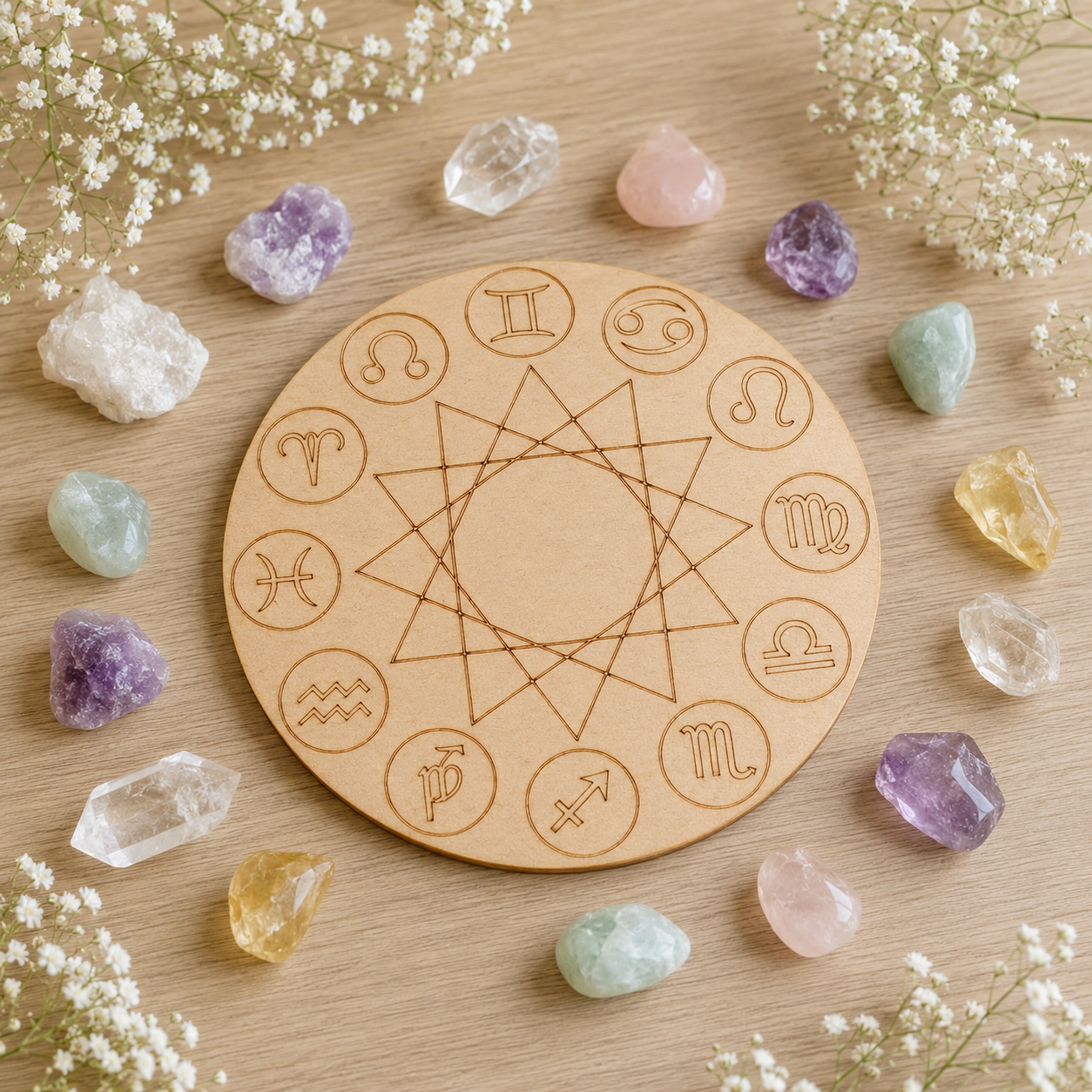 Engraved Zodiac Signs Crystal Grid Board, 6" Wooden Crystal Grid Plate