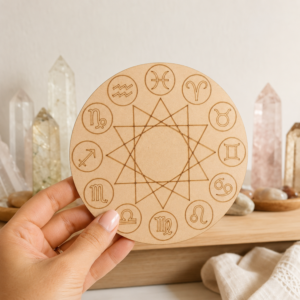 Engraved Zodiac Signs Crystal Grid Board, 6" Wooden Crystal Grid Plate DestGlow