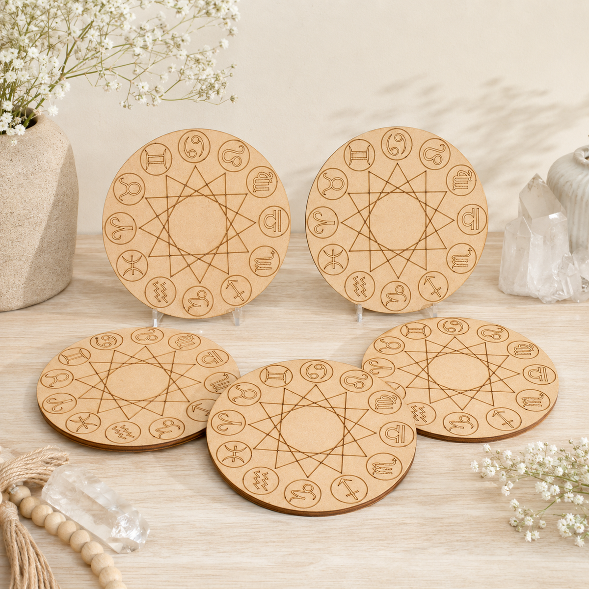 Engraved Zodiac Signs Crystal Grid Board, 6" Wooden Crystal Grid Plate DestGlow