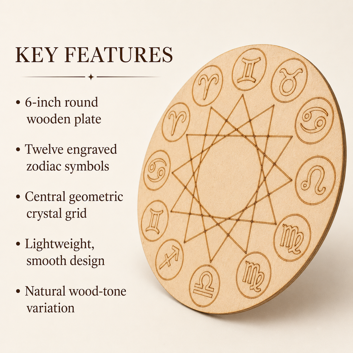 Engraved Zodiac Signs Crystal Grid Board, 6" Wooden Crystal Grid Plate DestGlow