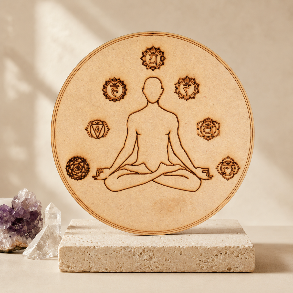 7 Chakra Yoga Crystal Grid Board, 6" Wooden Crystal Grid Plate DestGlow