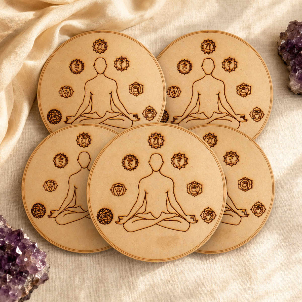 7 Chakra Yoga Crystal Grid Board, 6" Wooden Crystal Grid Plate DestGlow