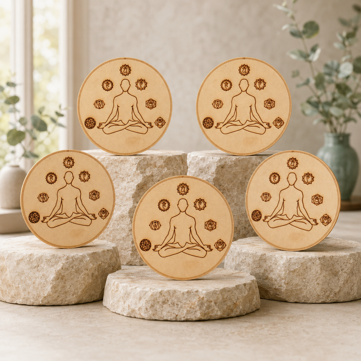 7 Chakra Yoga Crystal Grid Board, 6" Wooden Crystal Grid Plate DestGlow