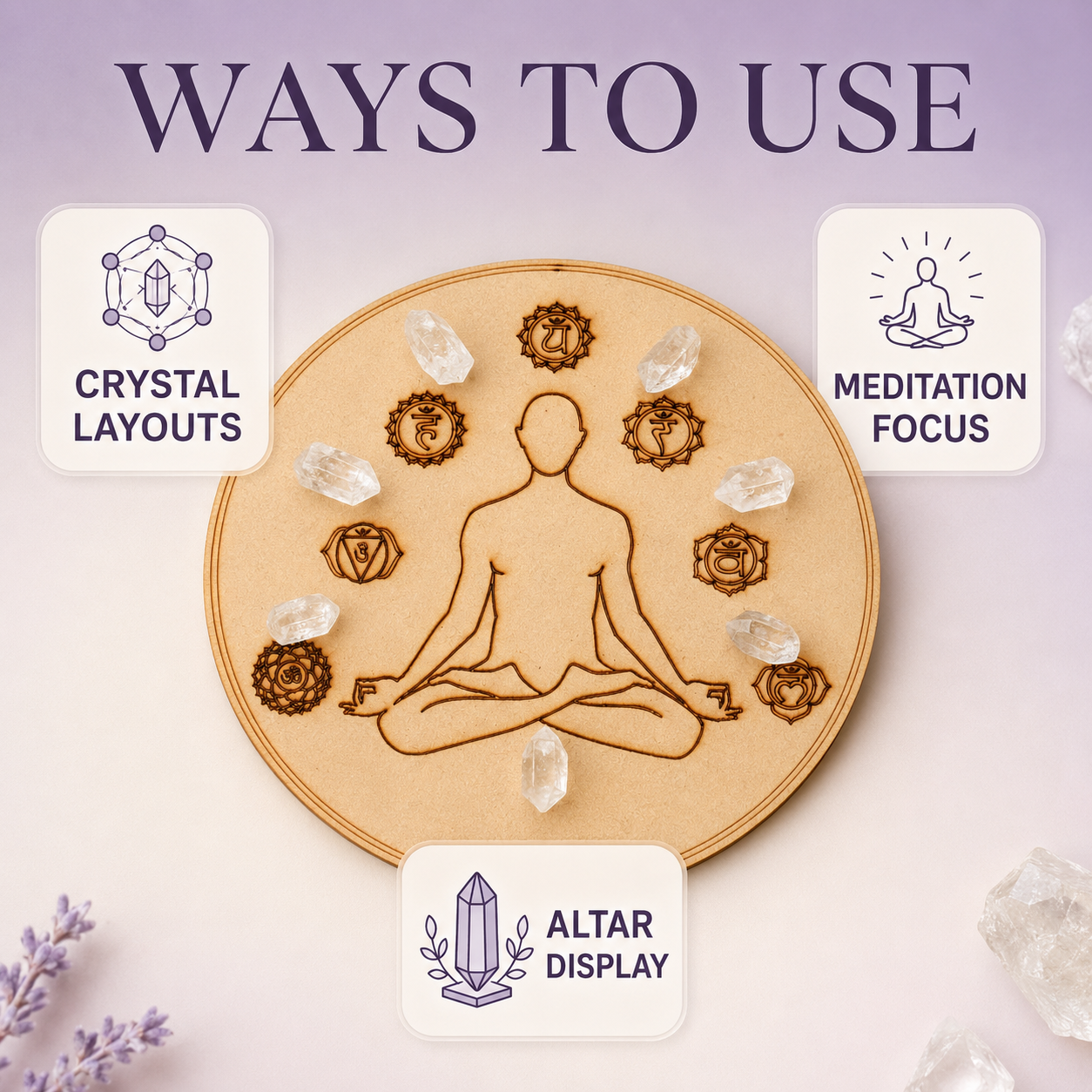 7 Chakra Yoga Crystal Grid Board, 6" Wooden Crystal Grid Plate DestGlow