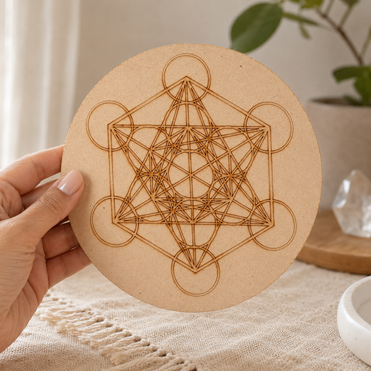 Metatron Cube Crystal Grid Board, 6" Wooden Crystal Grid Plate DestGlow