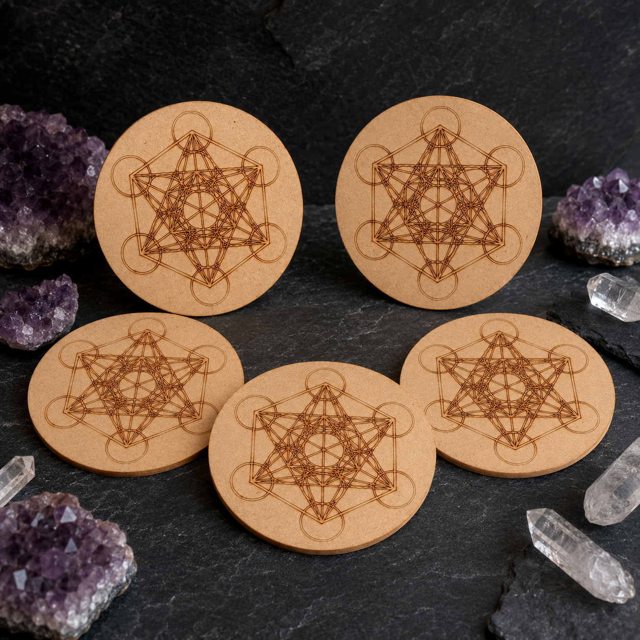 Metatron Cube Crystal Grid Board, 6" Wooden Crystal Grid Plate DestGlow