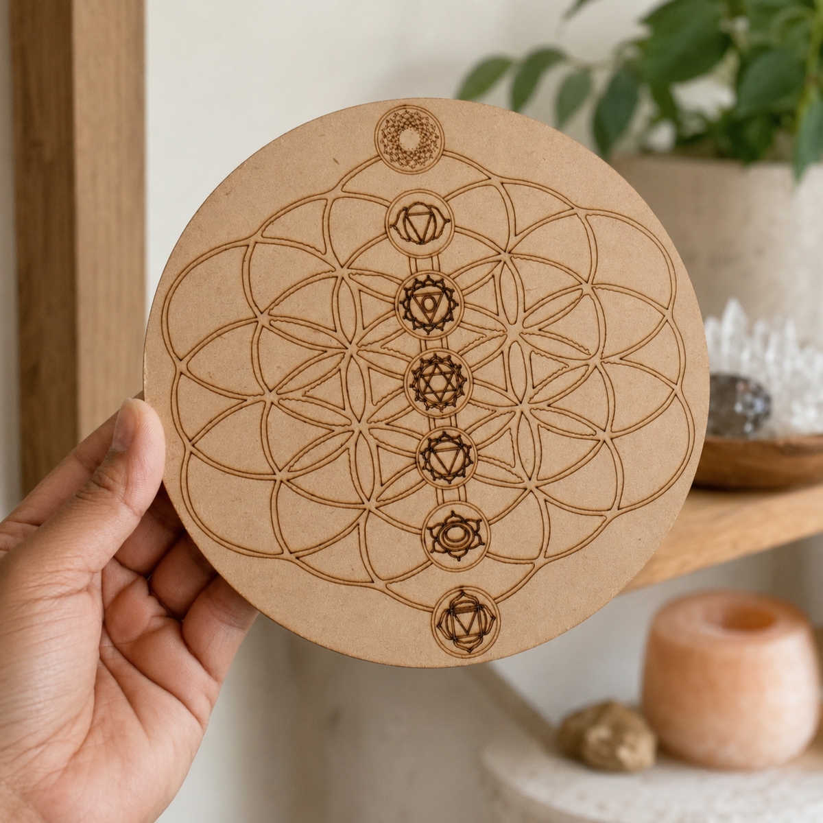 Tree of Life with 7 Chakras Crystal Grid Board, 6" Wooden Crystal Grid Plate DestGlow