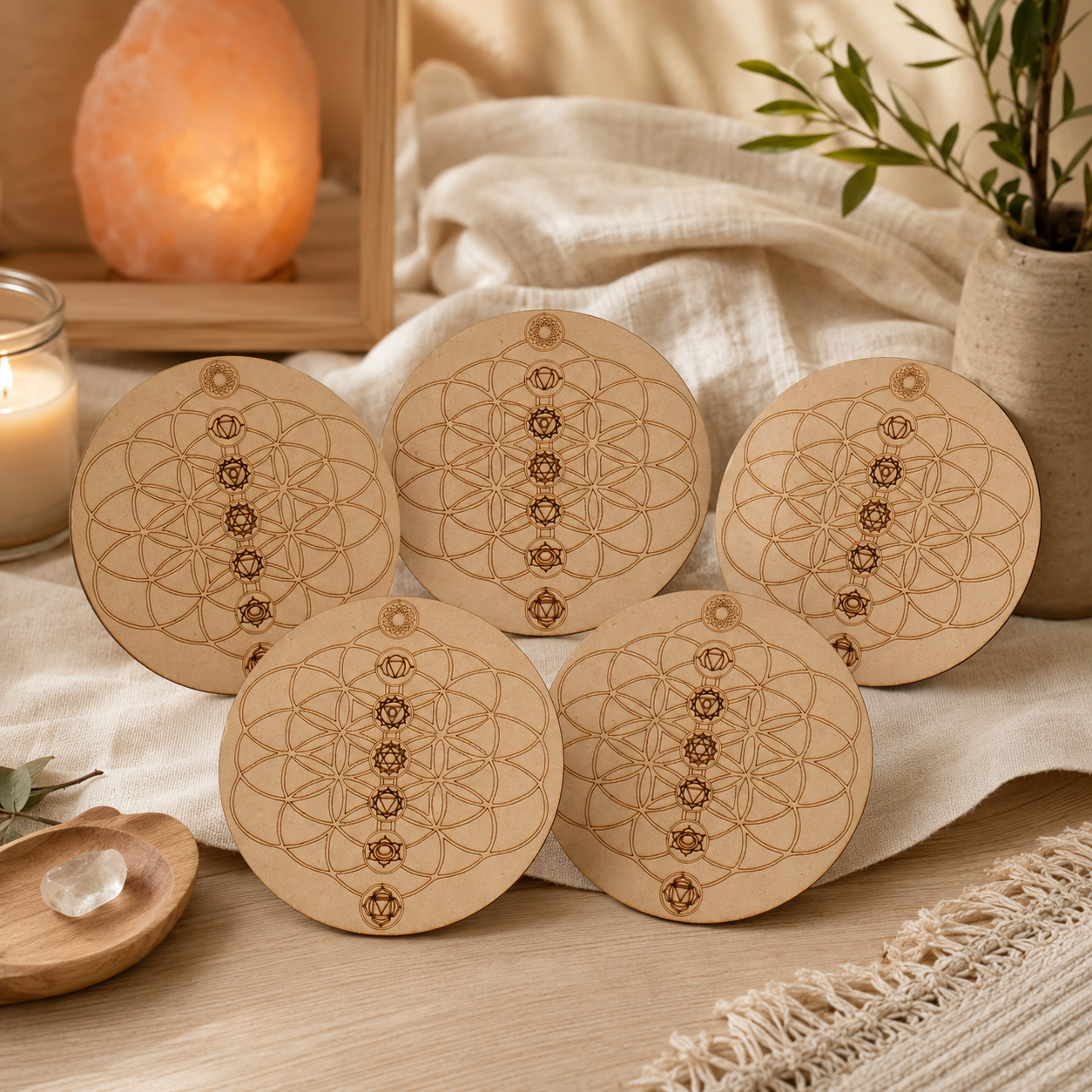 Tree of Life with 7 Chakras Crystal Grid Board, 6" Wooden Crystal Grid Plate DestGlow
