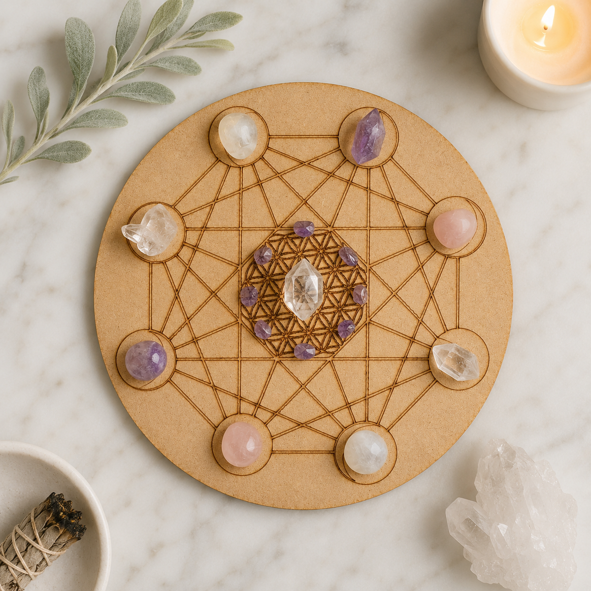 Moon Phase Crystal Grid Board, 6" Wooden Crystal Grid Plate DestGlow