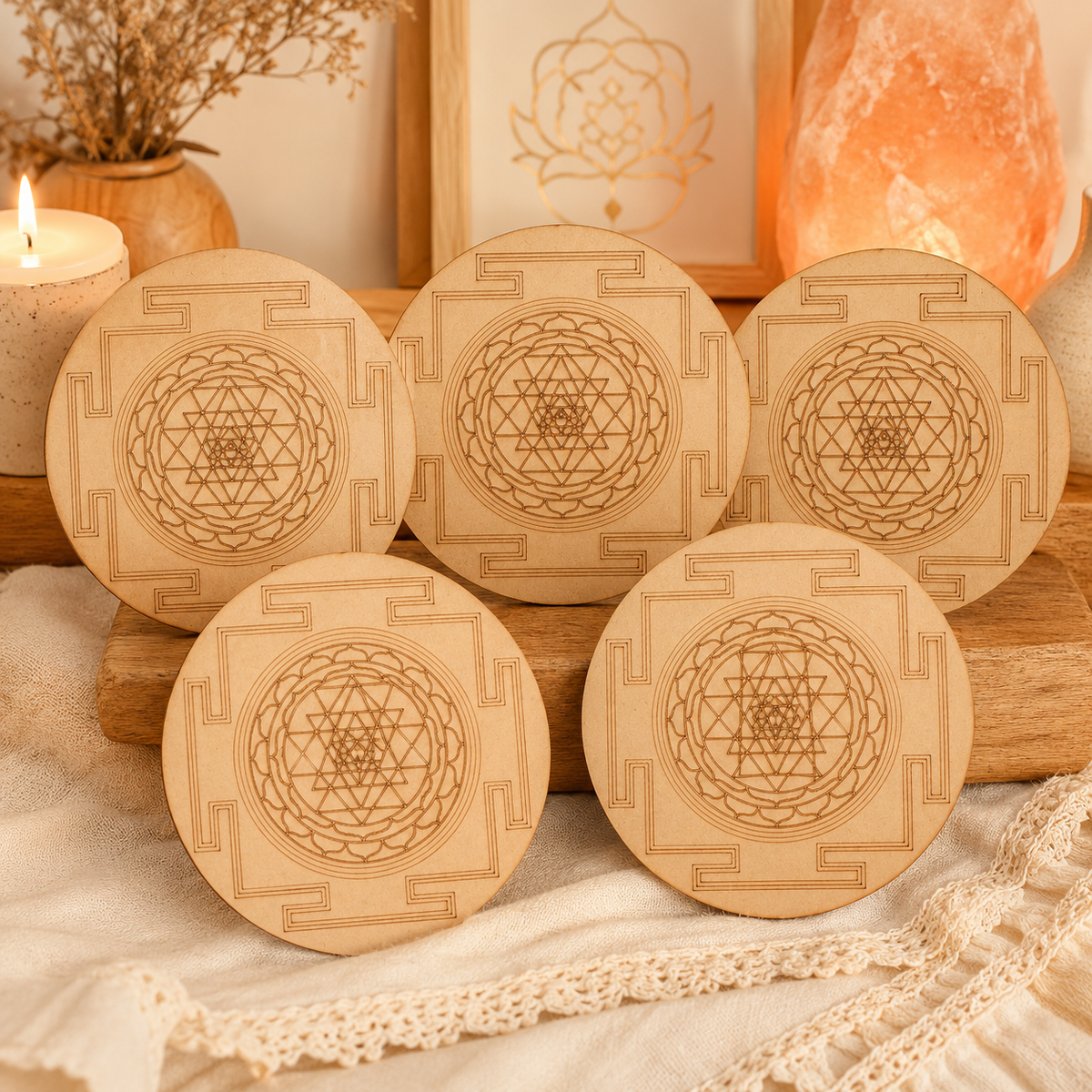Shri Yantra Crystal Grid Board, 6" Wooden Crystal Grid Plate DestGlow
