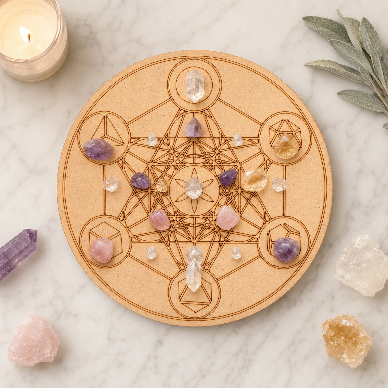 Sacred Geometry Crystal Grid Board, 6" Wooden Crystal Grid Plate DestGlow