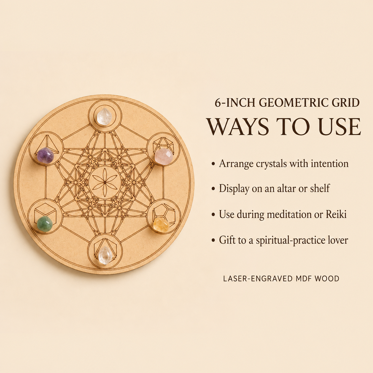 Sacred Geometry Crystal Grid Board, 6" Wooden Crystal Grid Plate DestGlow